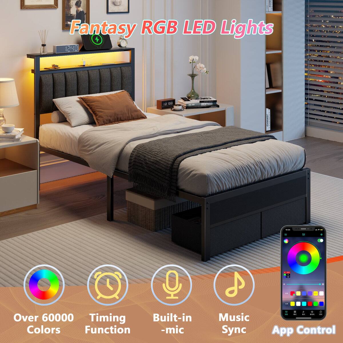 Fantasy RGB LED Lights

- Over 60000 Colors
- Timing Function
- Built-in Mic
- Music Sync
- App Control
