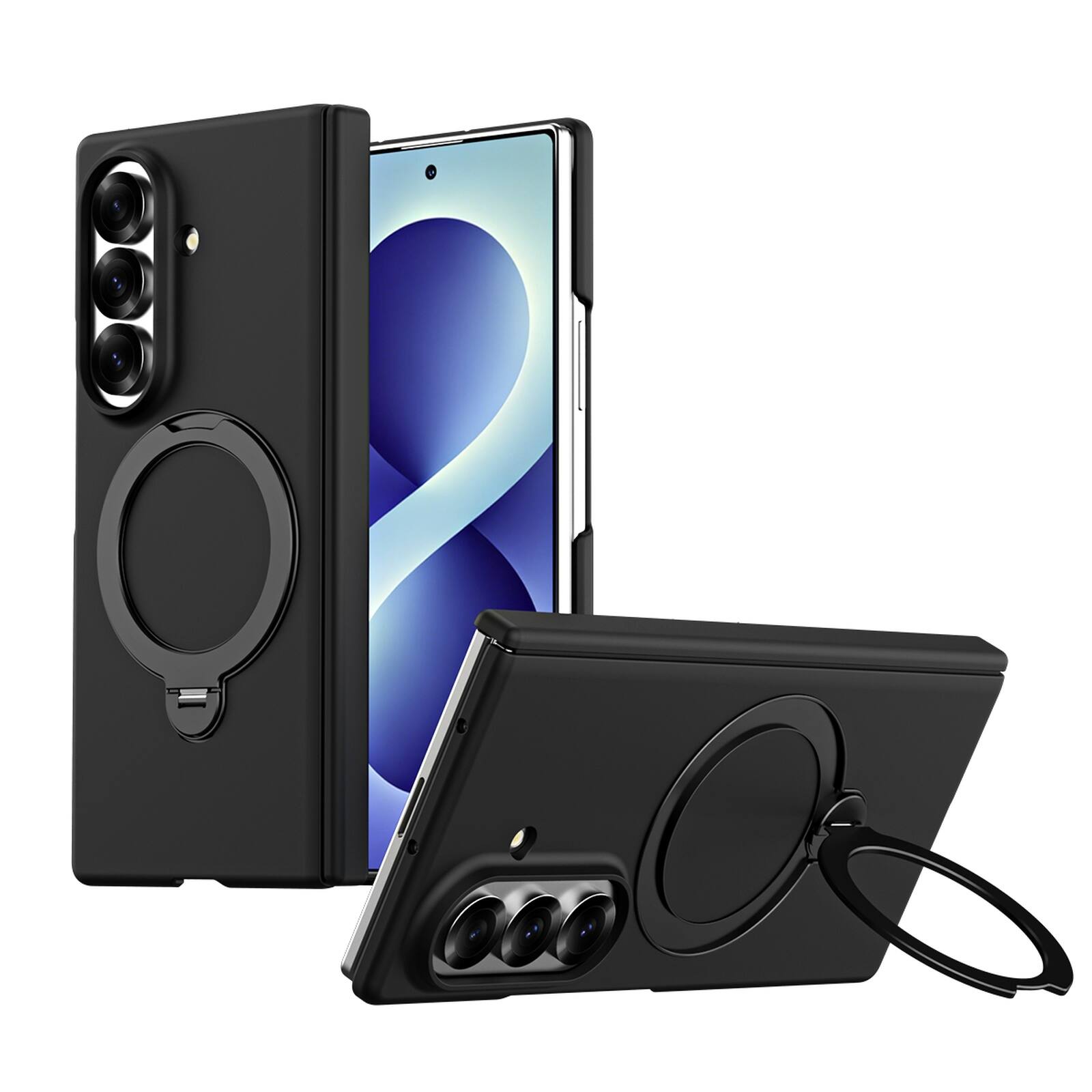 Angle. Dteck - Magnetic Case for Samsung Galaxy Z Fold7 with Built-in Screen Protector, Shockproof 360 Rotating Kickstand Hinge Cover - Black.