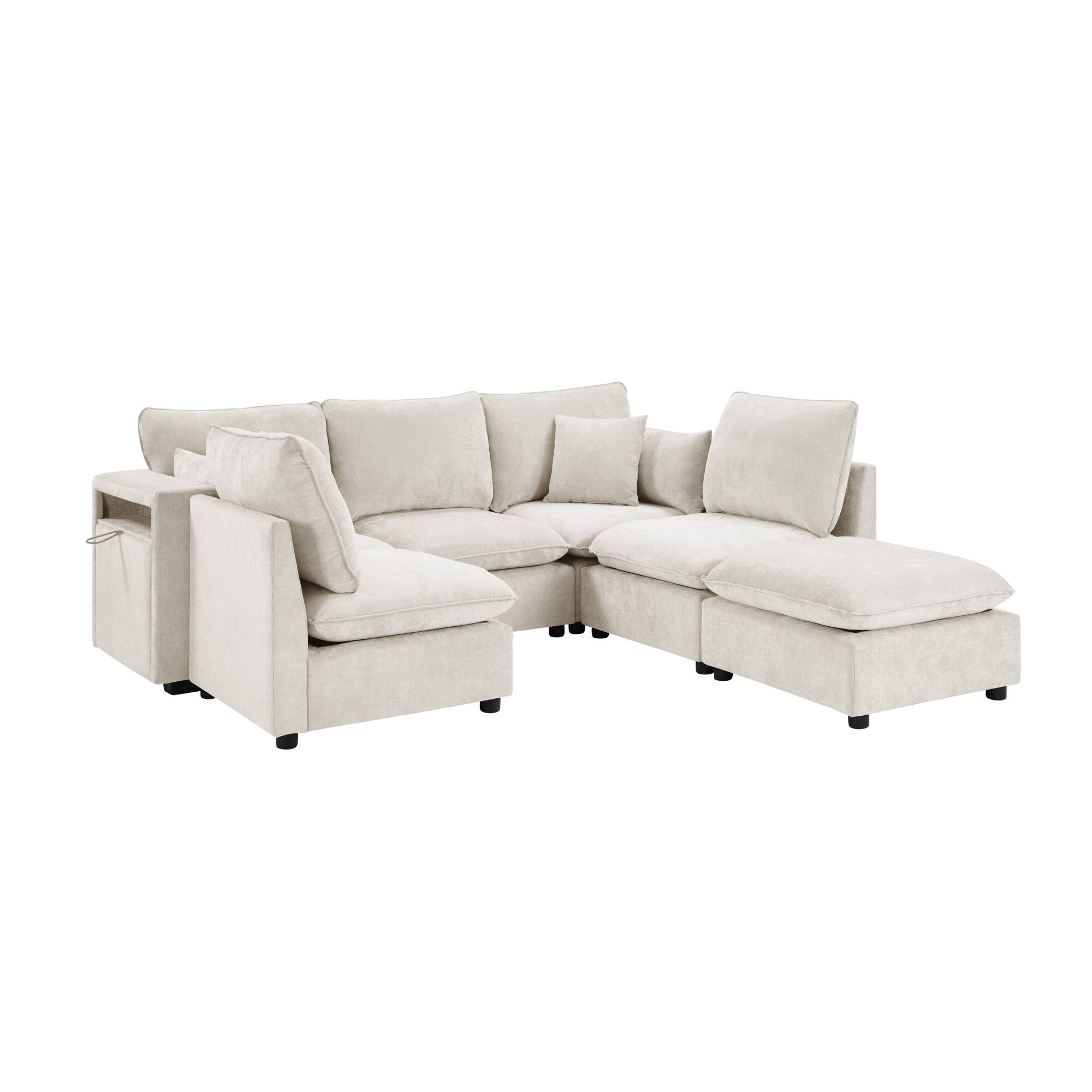 Left. Whisen - Modular Sectional Sofa U-Shaped Couch with Ottoman, Storage Armrests and USB Ports - Beige.