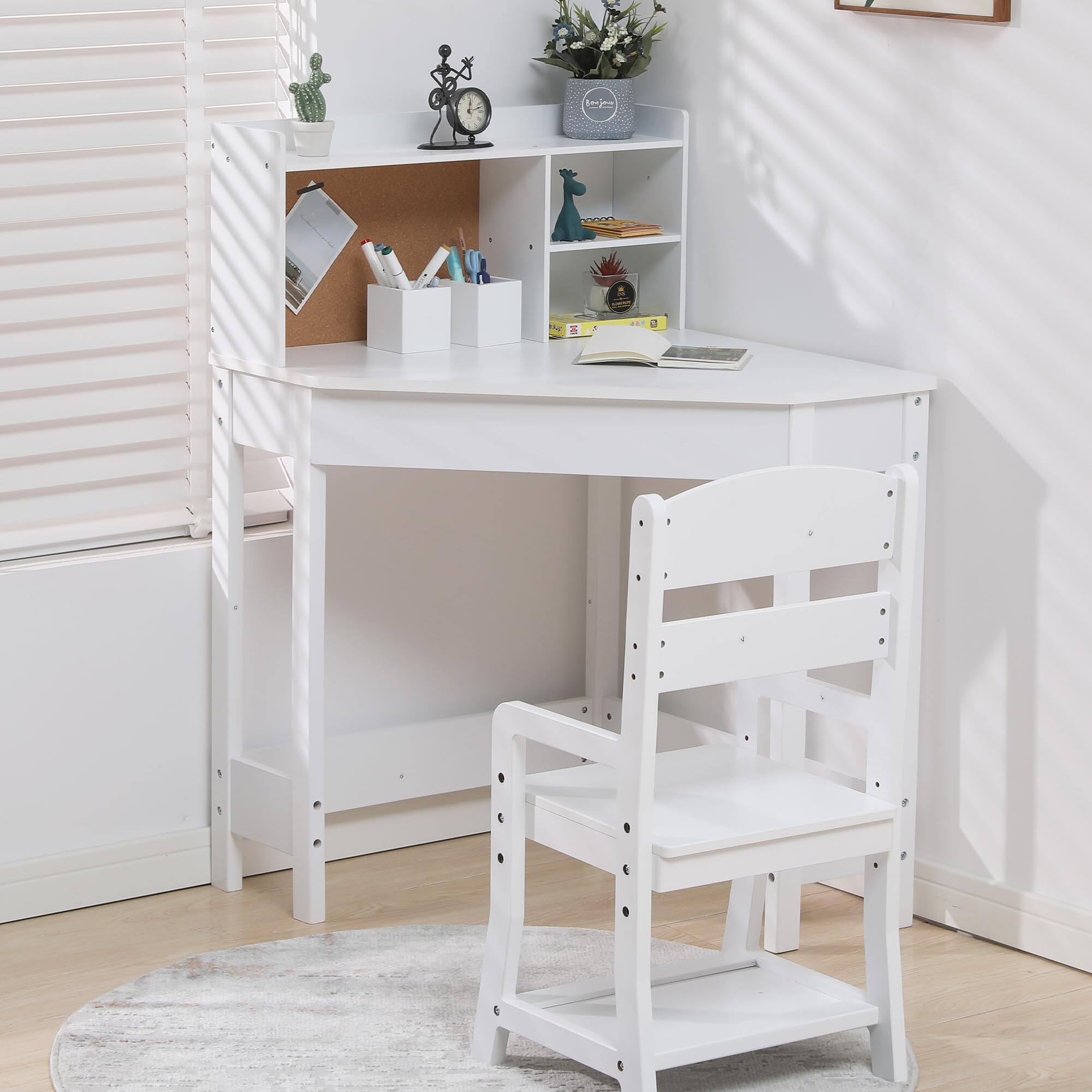 Front. Babevy - Kids Corner Study Desk & Adjustable Chair Set, Compact Wood Desk with Hutch, Corkboard & Pen Holder - White.