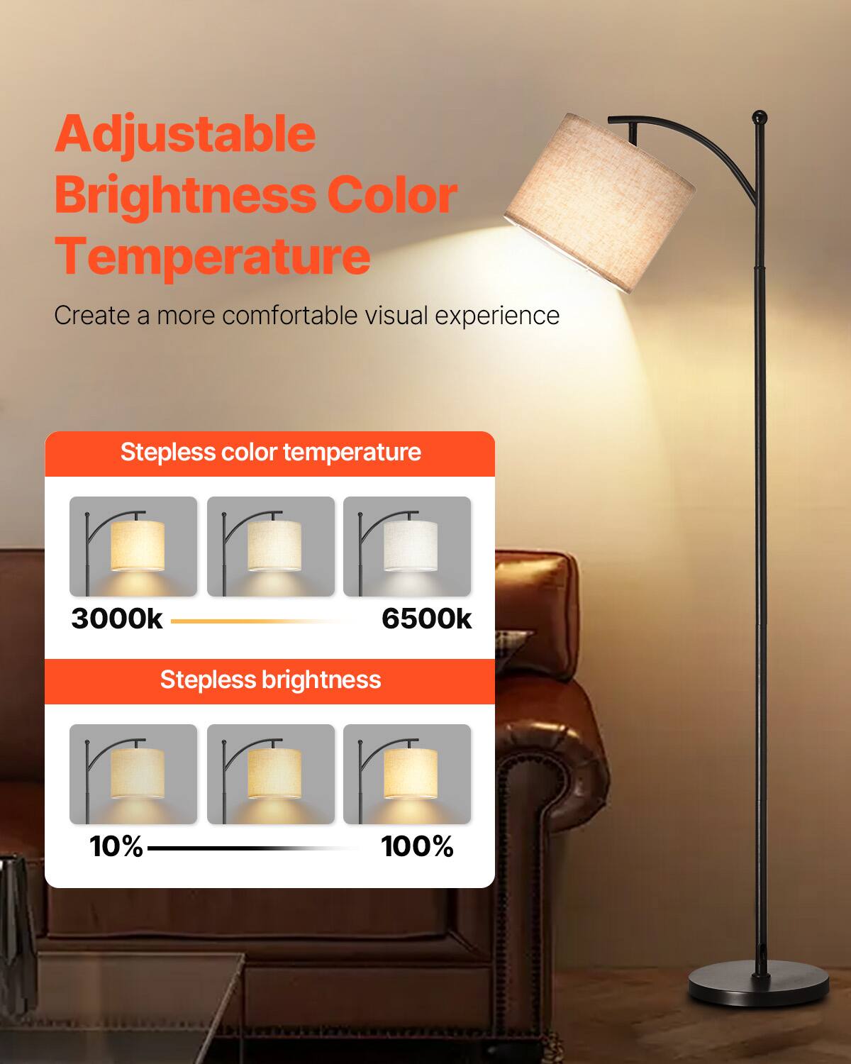 Adjustable Brightness Color Temperature  
Create a more comfortable visual experience  

Stepless color temperature  
3000k 6500k  

Stepless brightness  
10% 100%