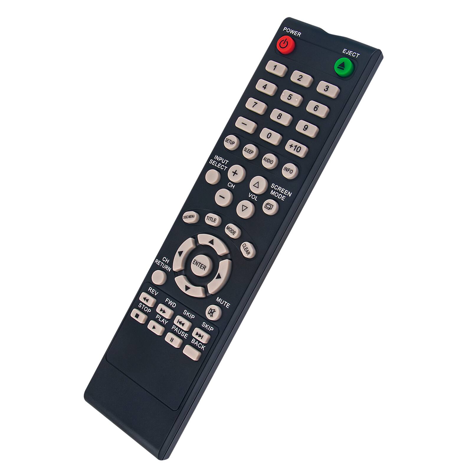 POWER 1 2 3 4 5 6 7 8 9 0 SLEEP +10 SELECT INPUT AUDIO + INFO CH A VOL MODE SCREEN EJECT CH RETURN KKE TITLE ENTER MODE CLEAR REV FWD MUTE STOP > PLAY SKIP 144 SKIP A PAUSE 8 BACK