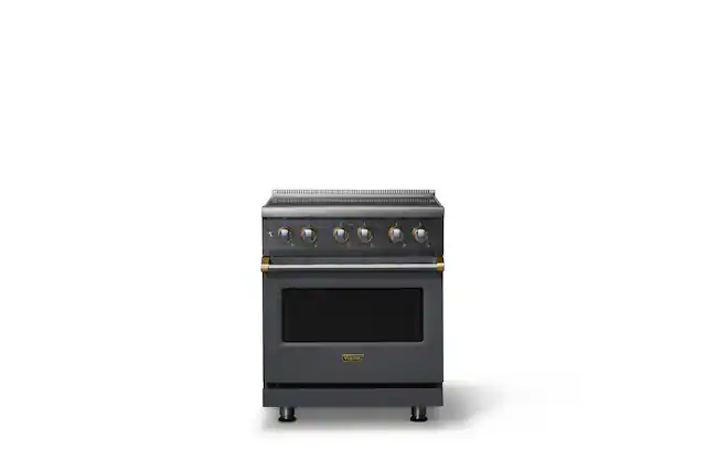 Front. Viking - 30 in. Wide 4 Elements Pro 5 Series 4.7 Cu. Ft. Freestanding Induction Convection Range - Cast Black w. Brushed Brass - Cast Black.