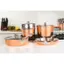 The image showcases a kitchen counter with a variety of copper pots and pans, including a large pot, a small pot, and a bowl. The copper pots are placed on the stove, and there are also some knives nearby. The kitchen counter is white, and the copper pots and pans are placed on top of it. The scene suggests that the kitchen is well-equipped and ready for cooking.