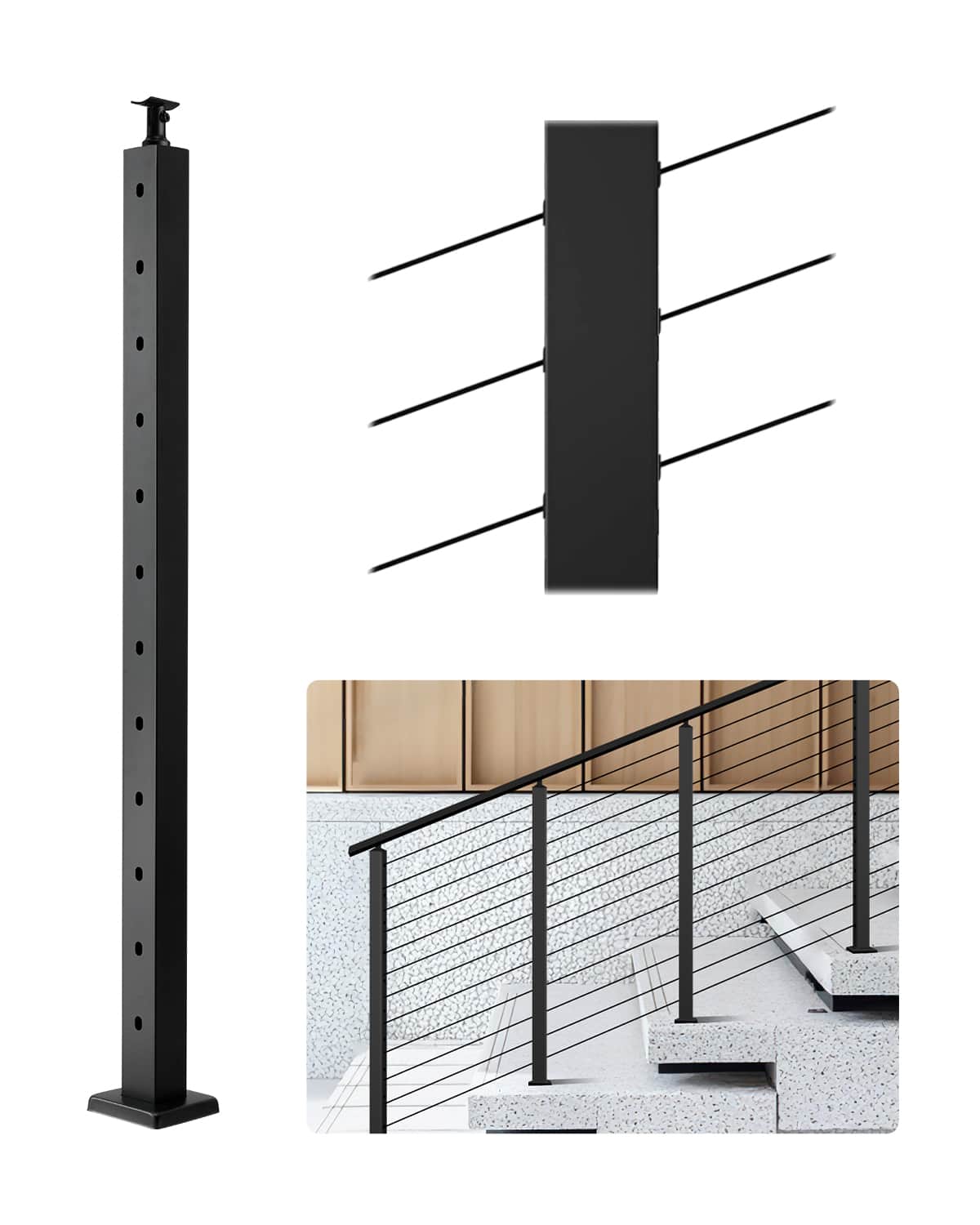 VEVOR - Cable Railing Post, 42x2x2 Inch Stair Railing Post, with Pre-Drilled 30° Angled Holes, Stainless Steel Cable Rail Post - Black