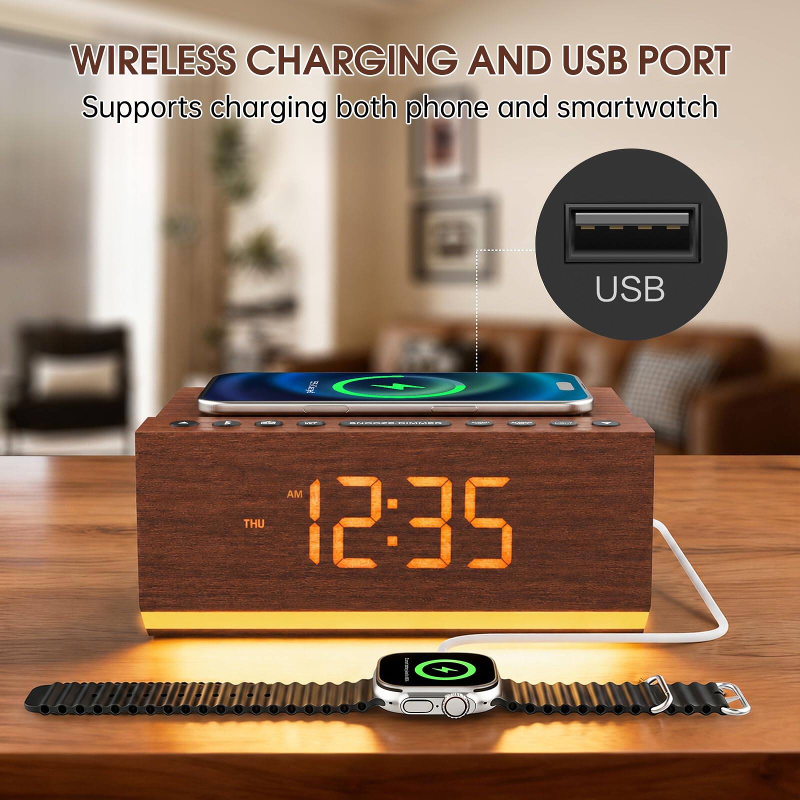 WIRELESS CHARGING AND USB PORT  
Supports charging both phone and smartwatch  

USB  

AM 12:35  
THU