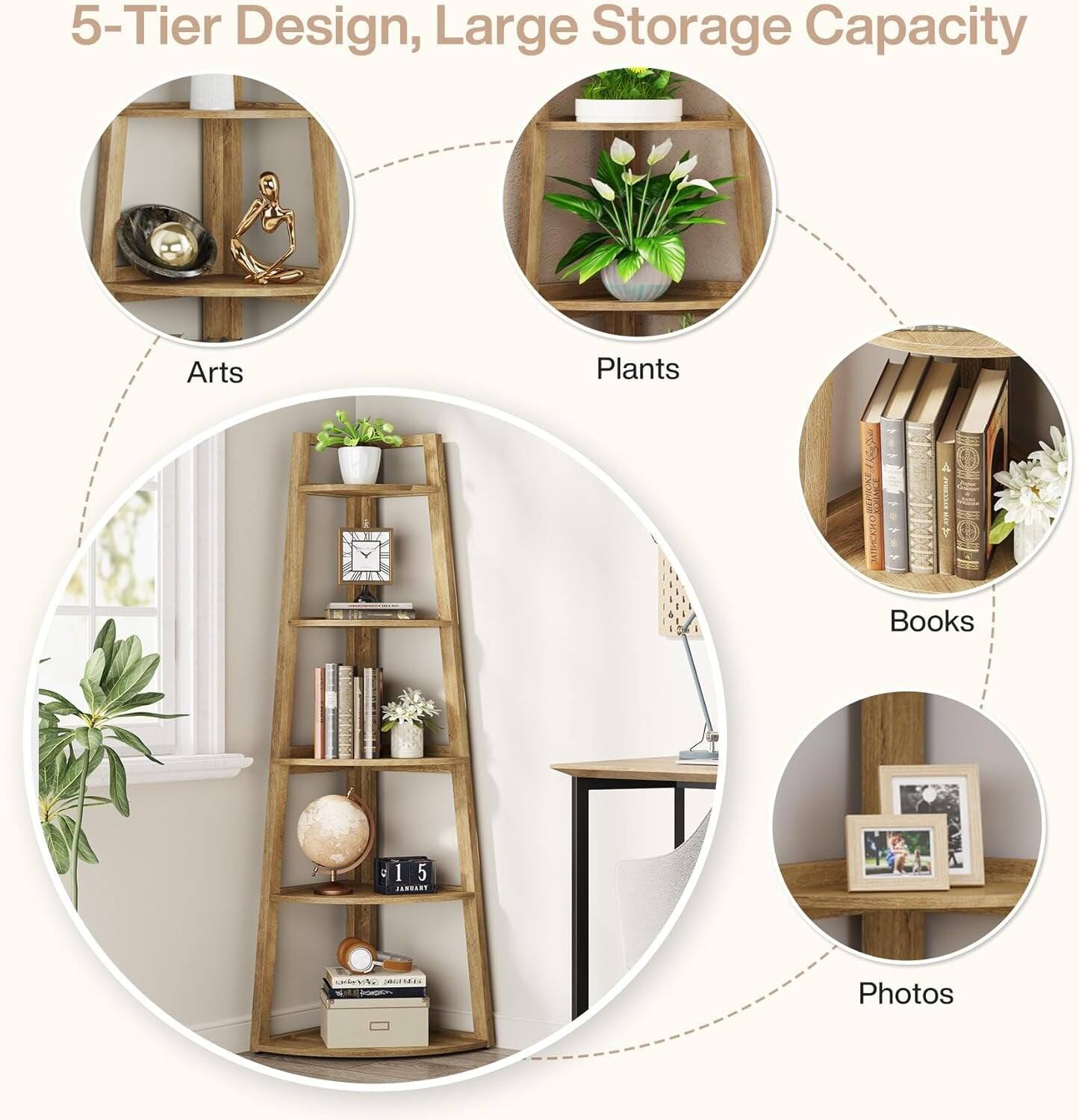 5-Tier Design, Large Storage Capacity

Arts  
Plants  
Books  
Photos  

15 JANUARY  
OPEN YOUR