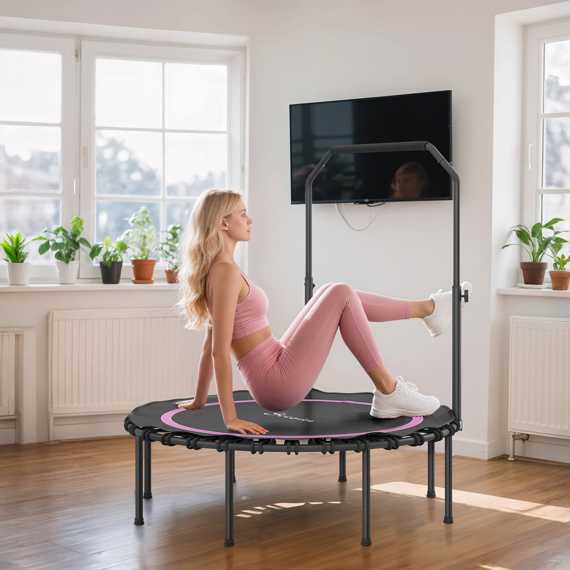 Alt View 8. Soozier - 45"/48" Rebounder Trampoline for Adults, Foldable Mini Trampoline with Adjustable Handle Bar - Pink.