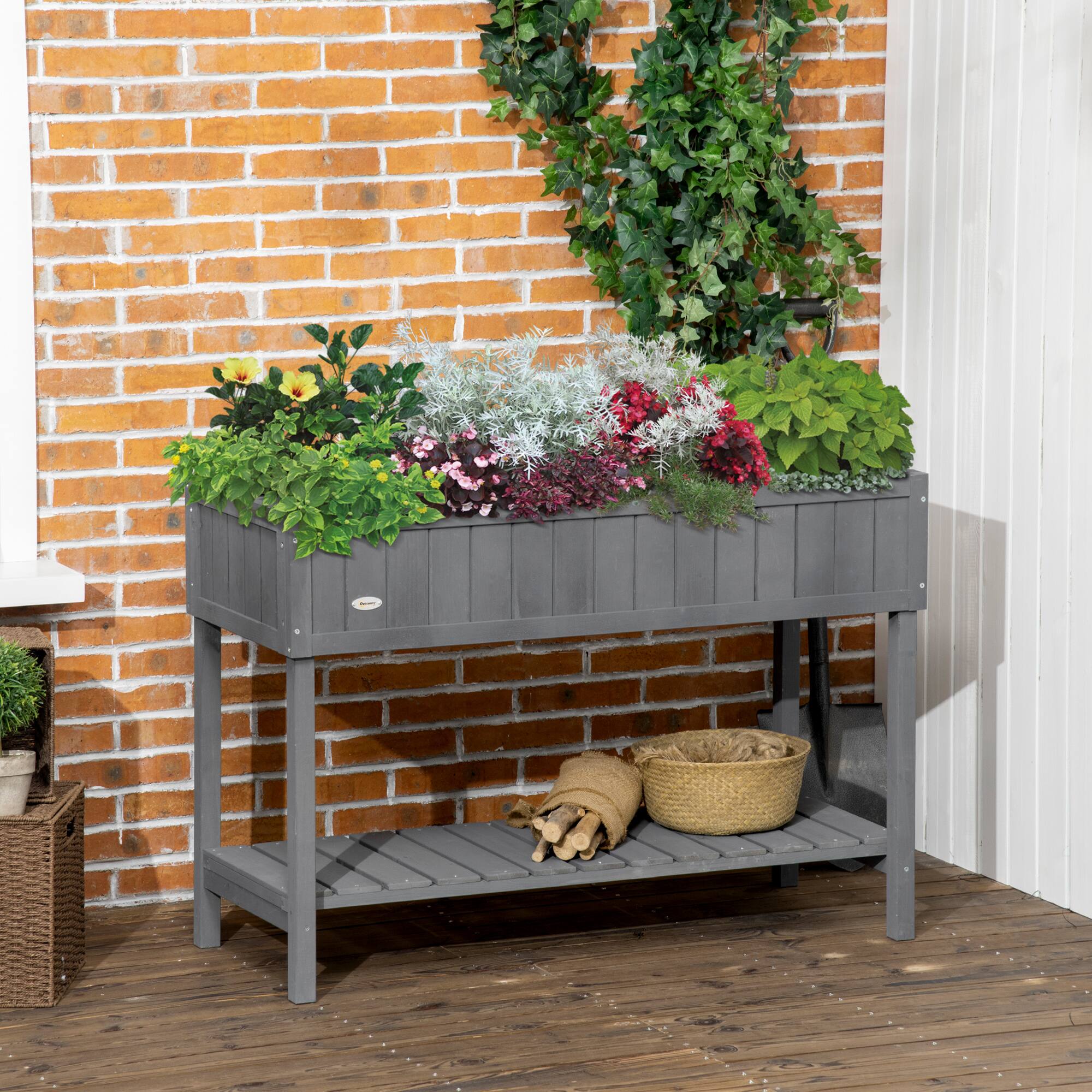Alt View 1. Outsunny - 43x18x30in Raised Garden Bed with 8 Pockets and Shelf, Wooden Elevated Planter Box with Legs to Grow Herbs - Dark Grey.