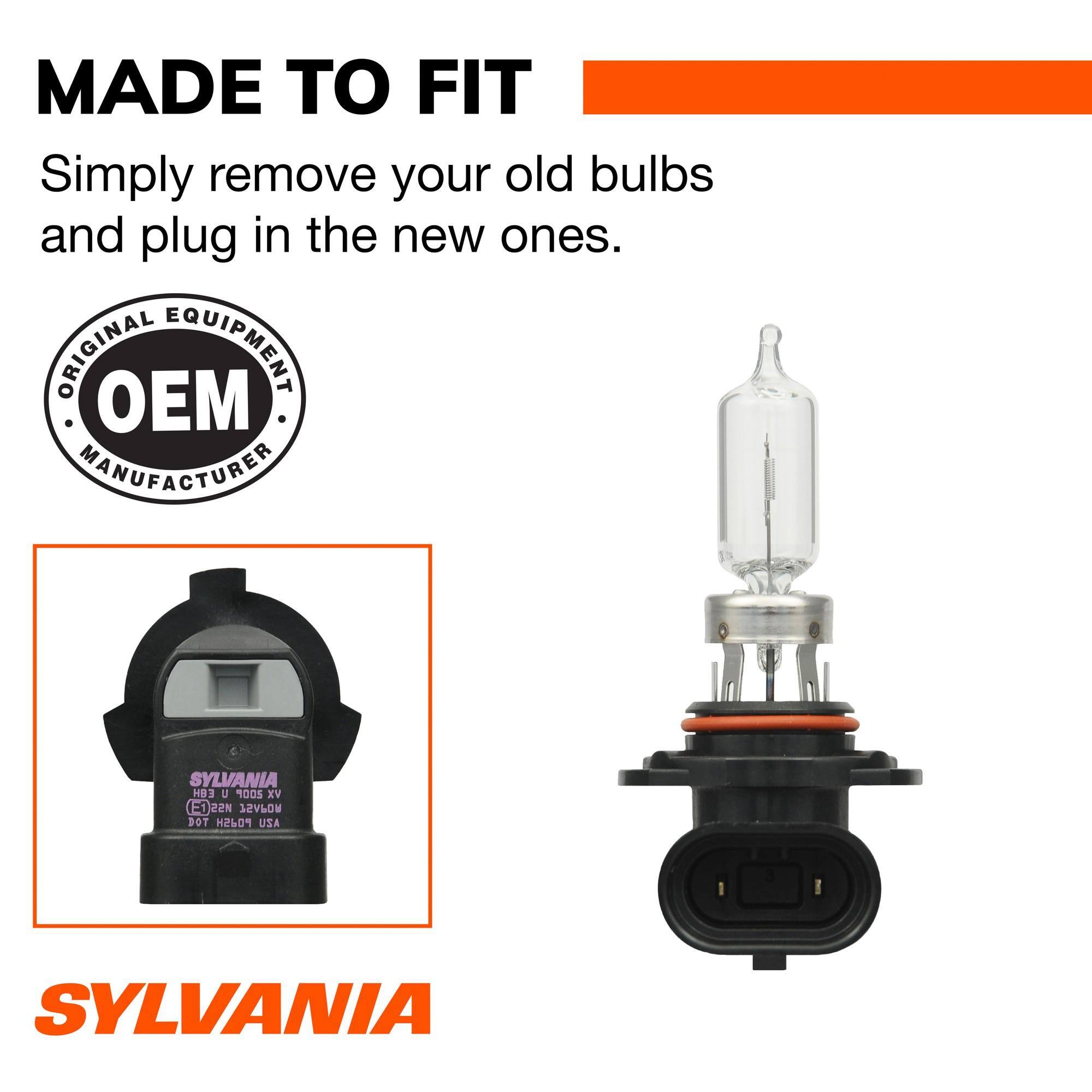 MADE TO FIT  
Simply remove your old bulbs and plug in the new ones.  
ORIGINAL OEM EQUIPMENT MANUFACTURER  

SYLVANIA HB3 U 9005 XV E 22M 75APOR DOT H2609 USA  
SYLVANIA