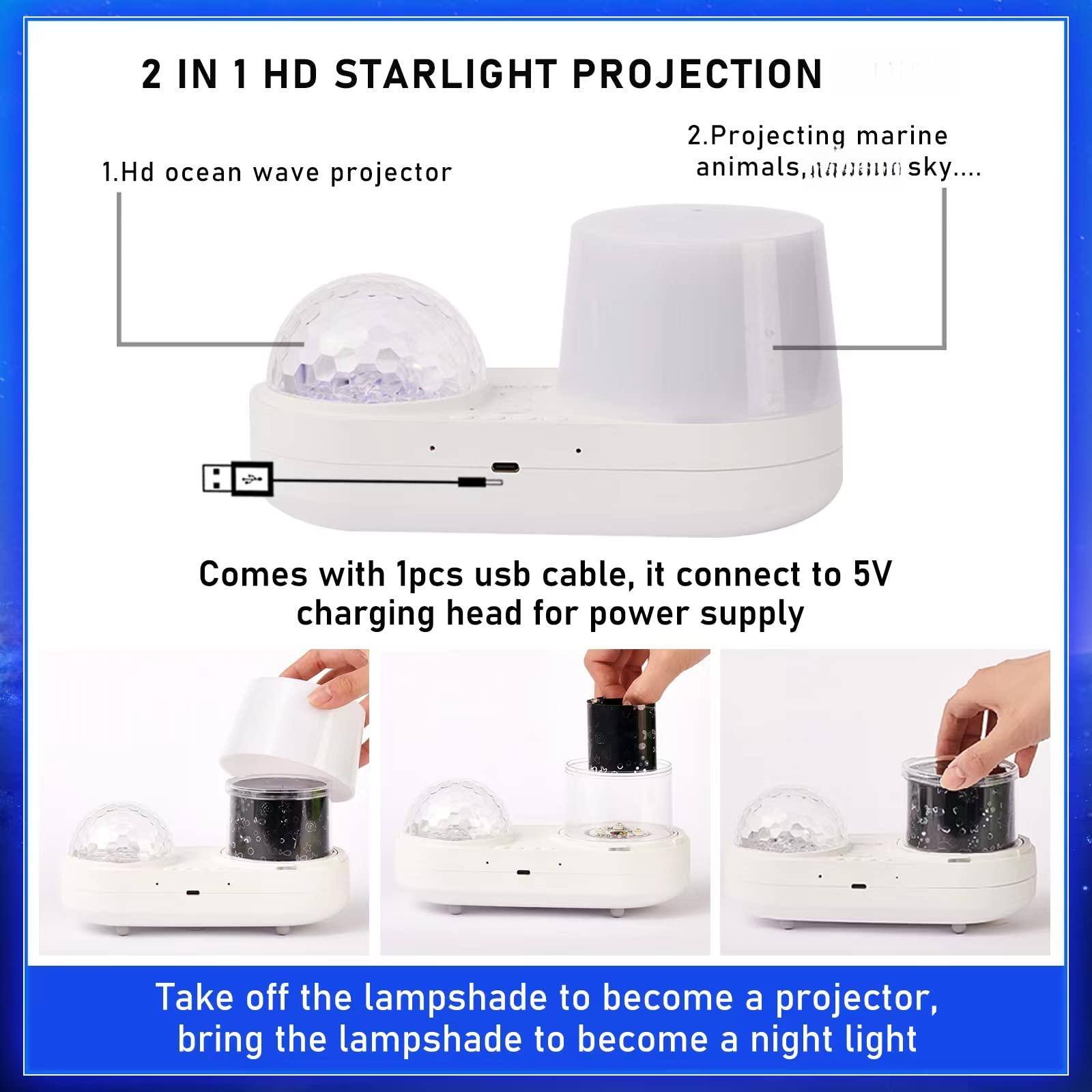 2 IN 1 HD STARLIGHT PROJECTION

1. Hd ocean wave projector

2. Projecting marine animals, starry sky...

Comes with 1pcs usb cable, it connect to 5V charging head for power supply

Take off the lampshade to become a projector, bring the lampshade to become a night light