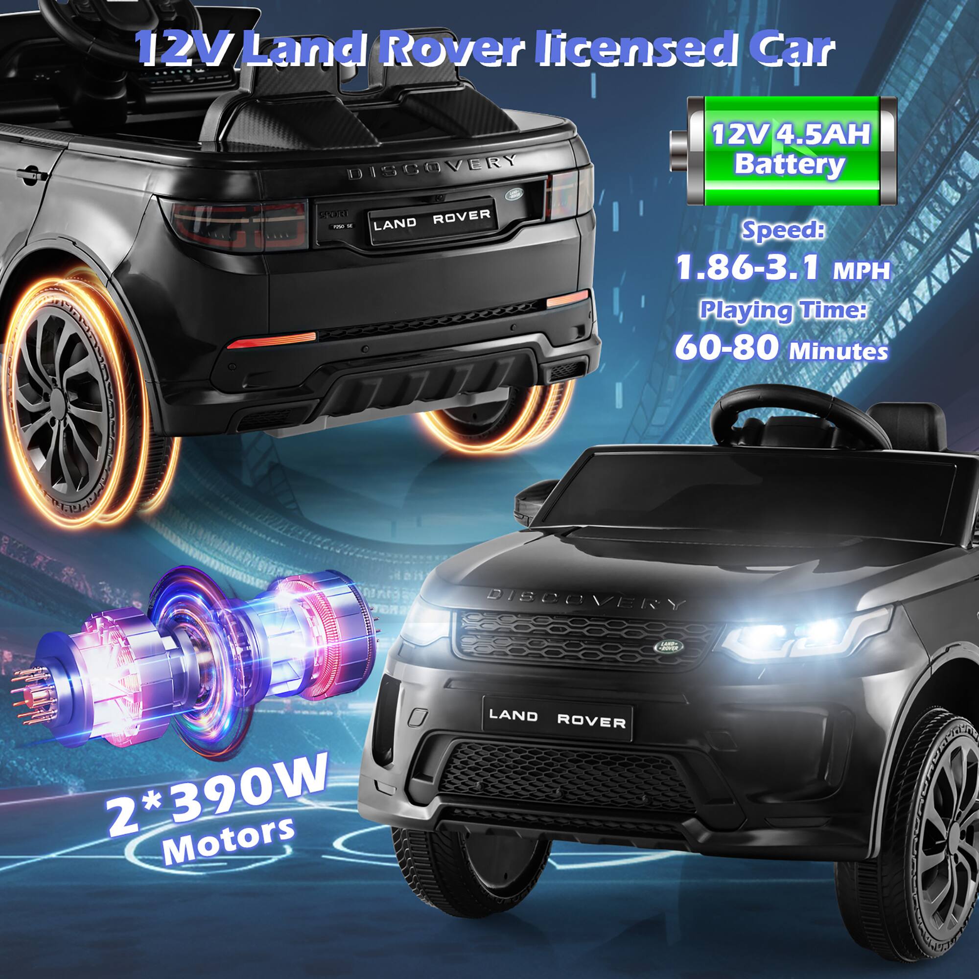 12V Land Rover licensed Car

DISCOVERY SPORT ROVER

12V 4.5AH Battery
Speed: 1.86-3.1 MPH
Playing Time: 60-80 Minutes

2*390W Motors