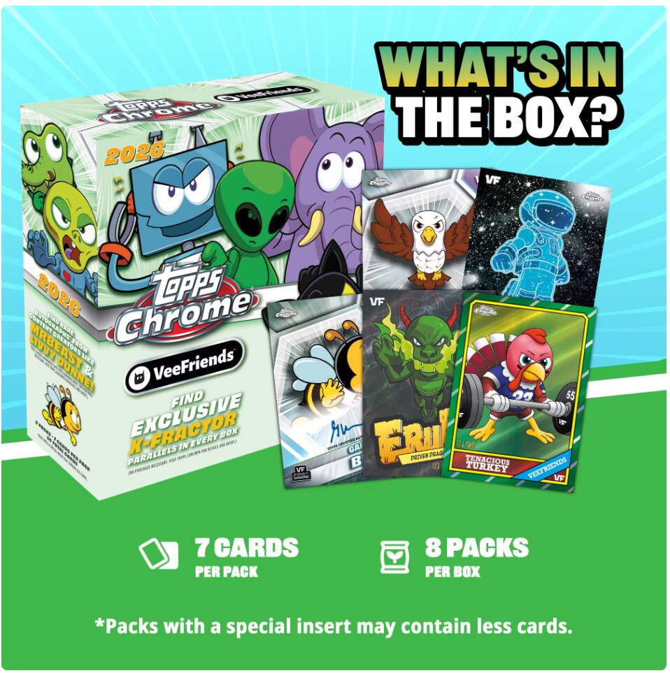 WHAT'S IN THE BOX?  
2026 VF 2026 LOPPS VF Chrome  
adidas SONERT SIRU SE RARE MRBEAST  
I LIKE VeeFriends DUNNE! & B FIND 0 55 CORS - EXCLUSIVE BOX A FRU T IN EVERY - M - 01/25 - - - GAF SCAR VS PARALLELS - - E - E - 1O TENACIOUS - M VP TURKEY VEETRIENDA  
ddidas VF 7 CARDS PER PACK 8 PACKS PER BOX  
*Packs with a special insert may contain less cards.