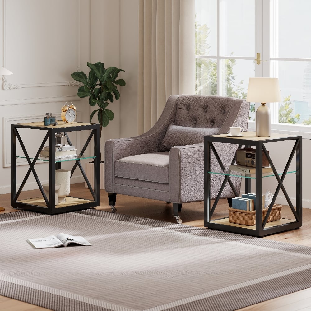 Loheer - End Table Set of 2 Modern Nightstands Industrial Side Tables with Tempered Glass Wood Top for Bedroom Living Room - Natural Wood