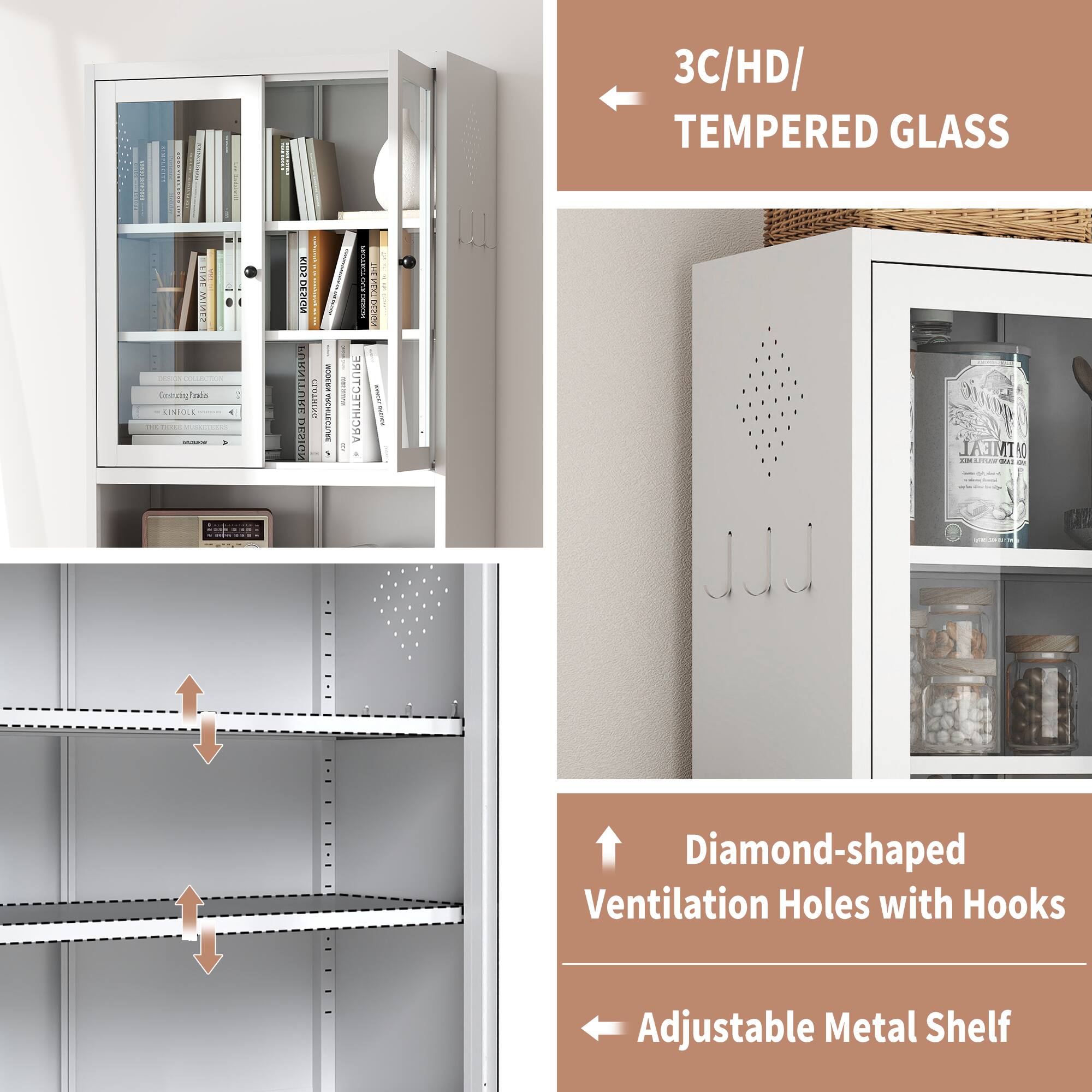 - 3C/HD/ TEMPERED GLASS
- Diamond-shaped Ventilation Holes with Hooks
- Adjustable Metal Shelf