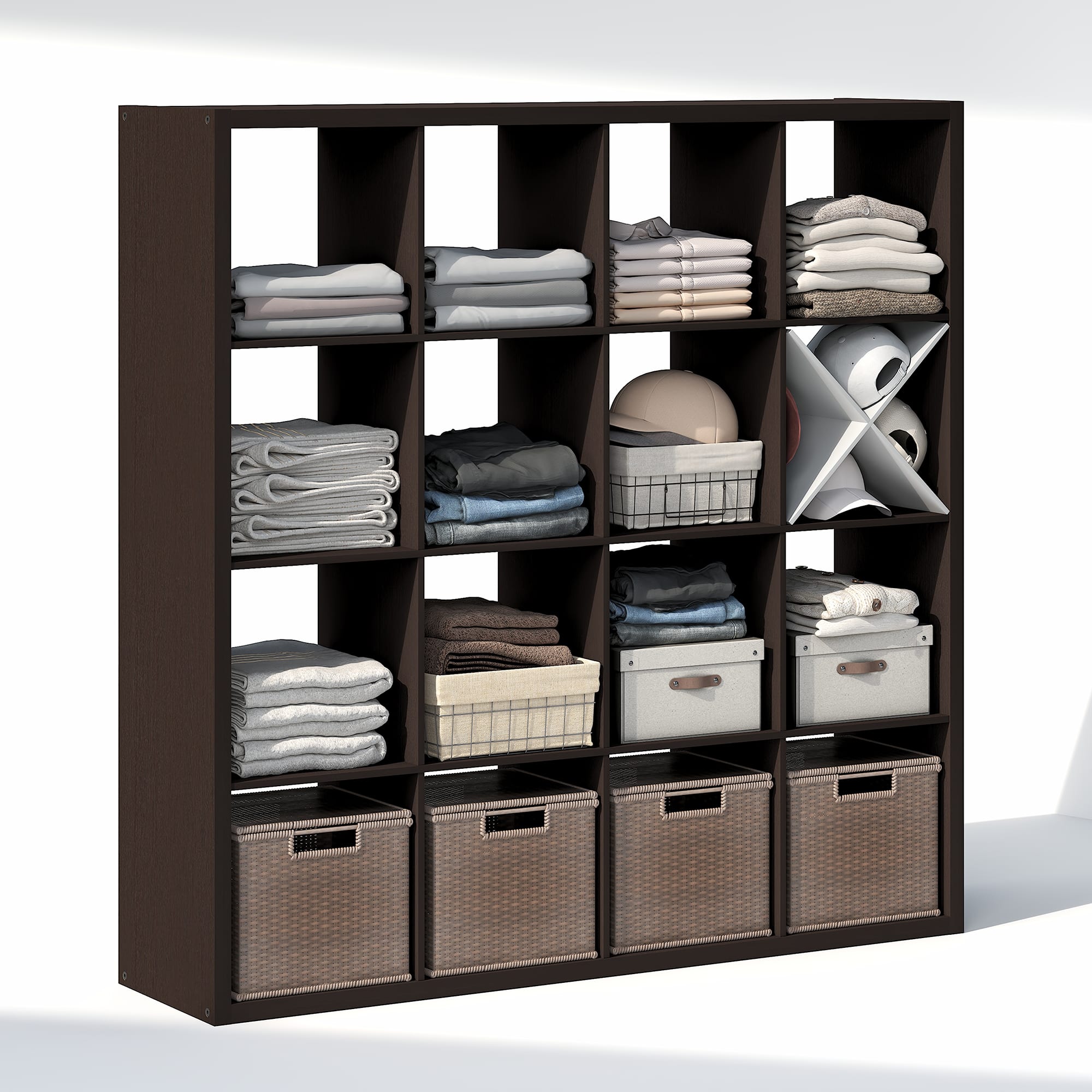 Furinno - CUBIC Closet Organizers, 16-Cube Open Closet Organizer, Extra Thick Frame, for Wardrobe, Bedroom, Living Room - Black Dark Oak