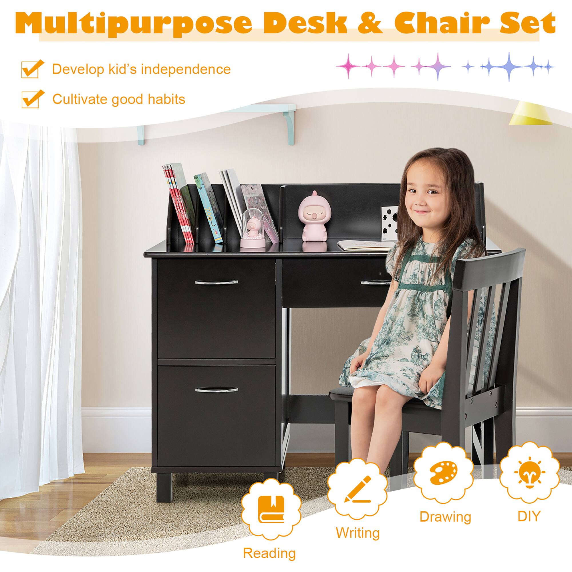 Multipurpose Desk & Chair Set

- Develop kid's independence
- Cultivate good habits

Reading  
Writing  
Drawing  
DIY