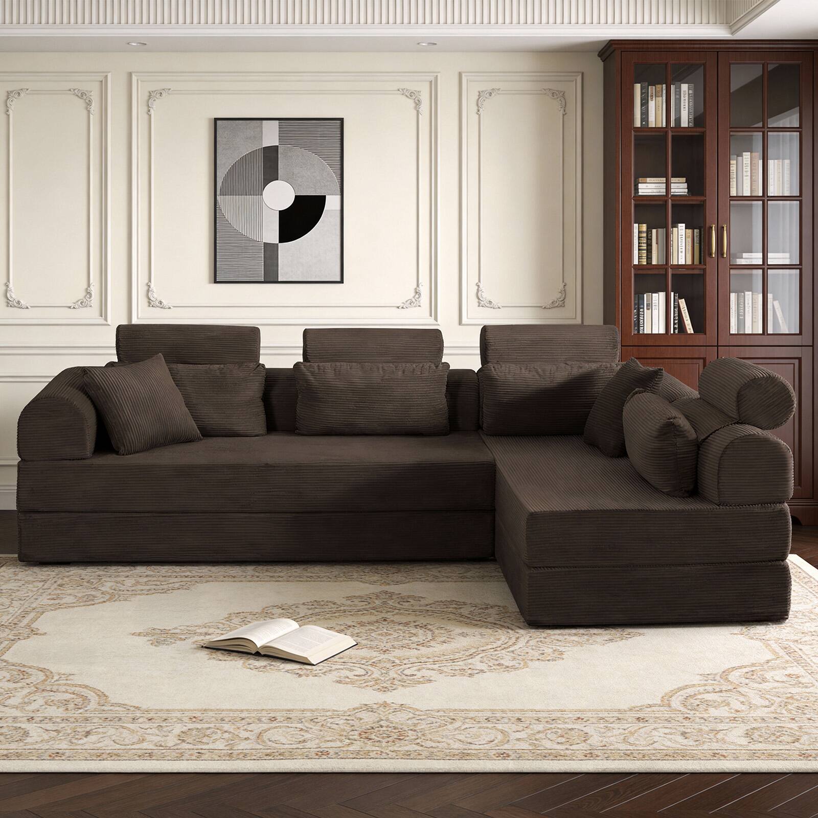 Angle. Anysun - L-Shape Corduroy Modular Sectional Sofa - Minimalist Compressed Design, Unfolds into Bed, Space-Efficient - Brown.