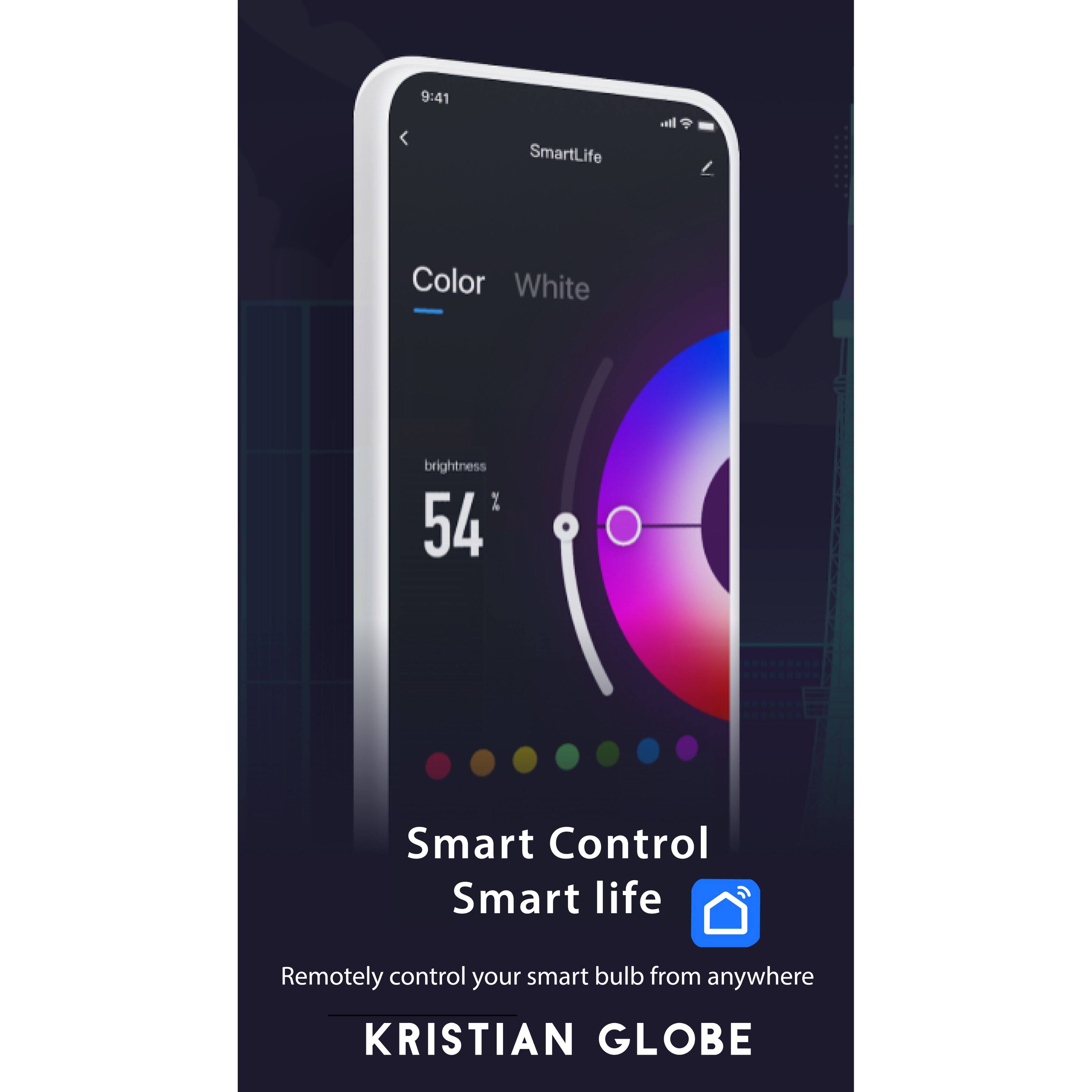 9:41  
SmartLife  

Color White  
brightness 54%  

Smart Control  
Smart life  

Remotely control your smart bulb from anywhere  

KRISTIAN GLOBE