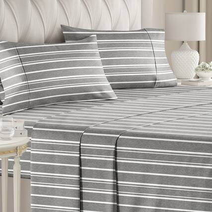 Front. CGK Linens - Luxuriously Soft 4-Piece Striped Sheet Set - Wrinkle-Resistant, Printed Pattern - Queen - Gray Stripe Pattern.