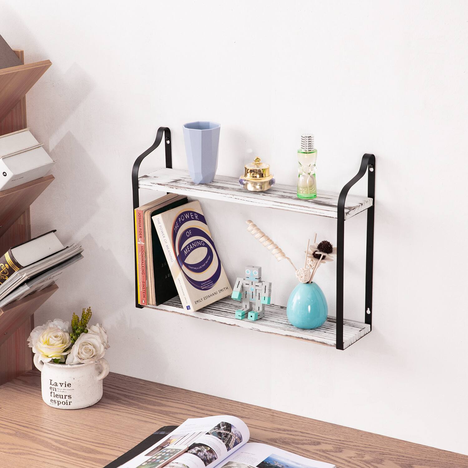 Oumilen 2 Tier Wall Mounted Floating Shelves – Wood with Black Metal ...