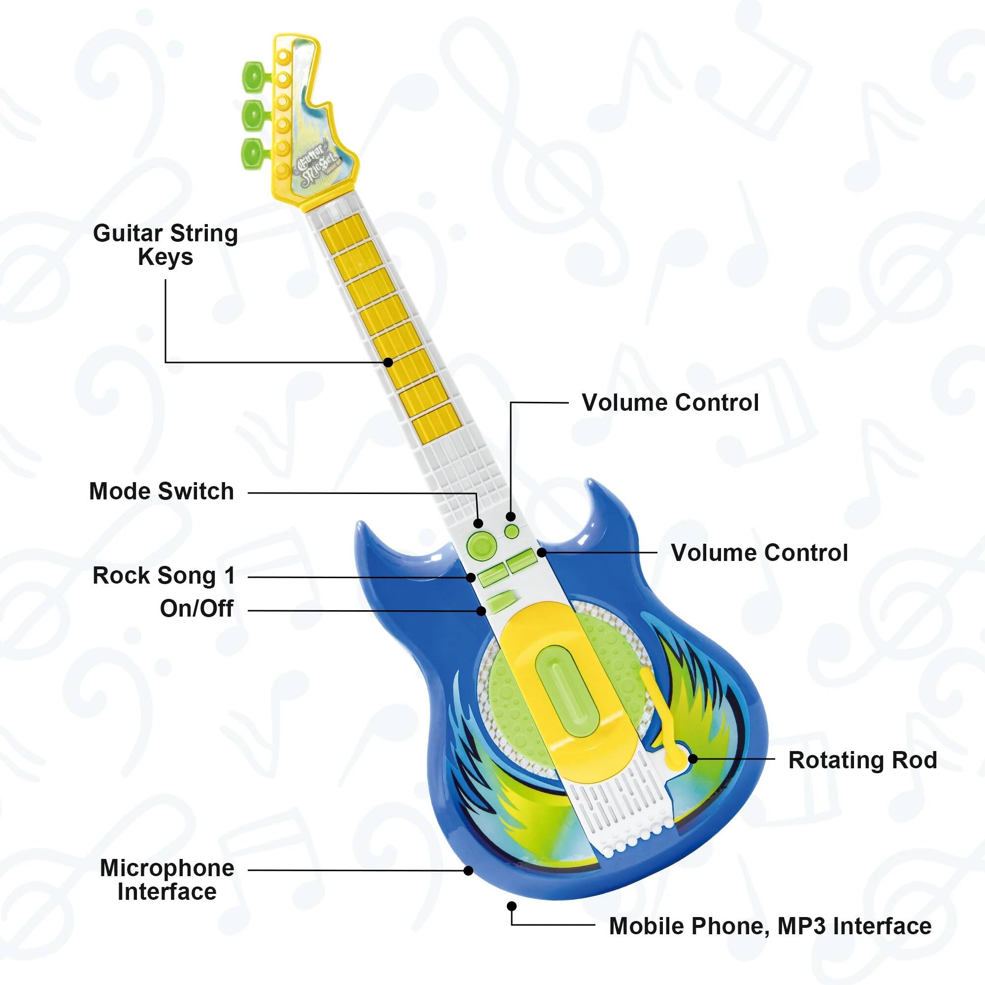 Guitar String Keys  
Volume Control  
Mode Switch  
Rock Song 1 On/Off  
Volume Control  
Rotating Rod  
Microphone Interface  
Mobile Phone, MP3 Interface