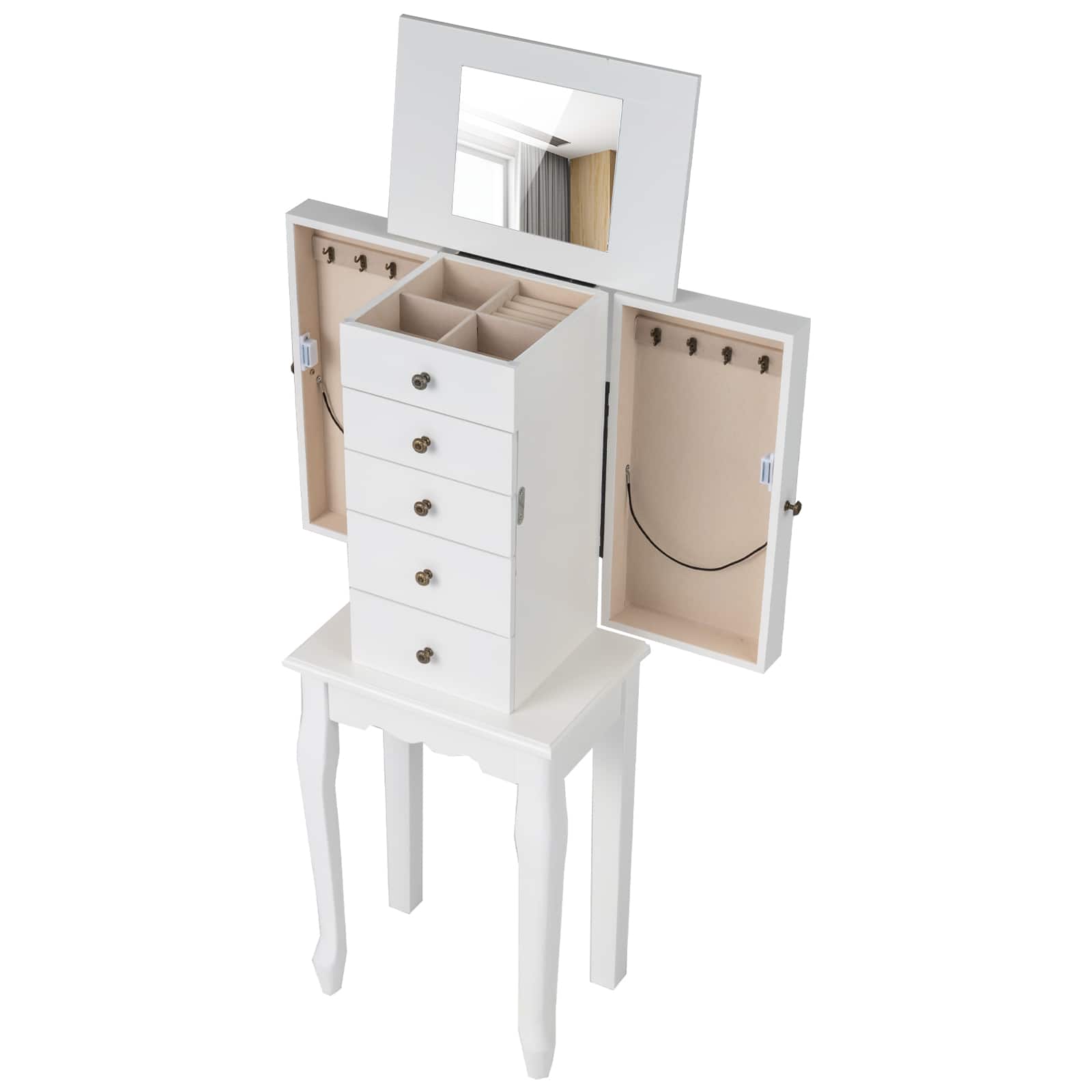 Gymax - Mirrored Armoire Jewelry Cabinet Free Standing Organizer Storage Box Chest - White