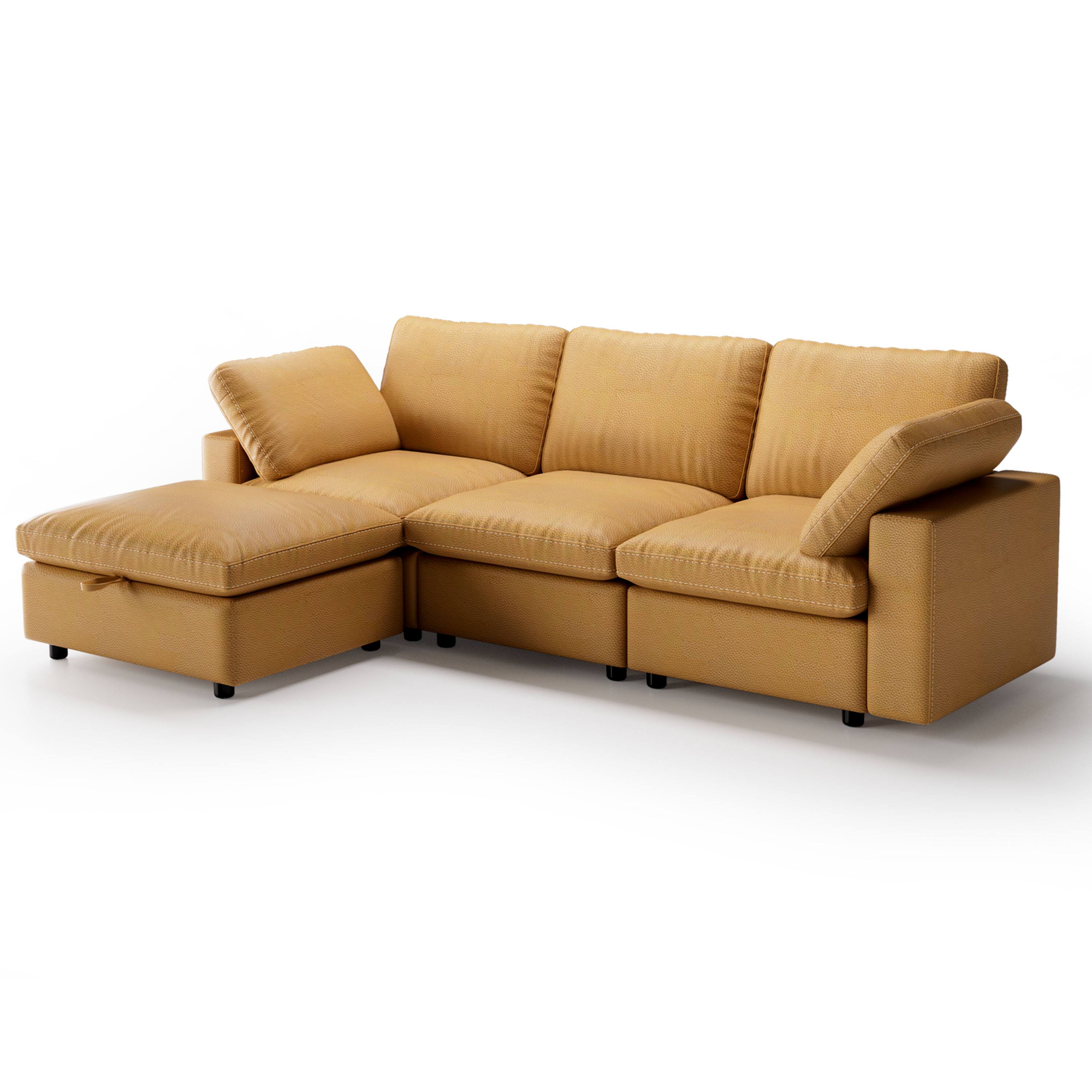 Alt View 2. Vipbear - Vipbear L-Shaped 100" Leather Modular Sectional Sofa with Storage Ottoman,3-Seater Solid Wood Frame，Camel - Brown-L.