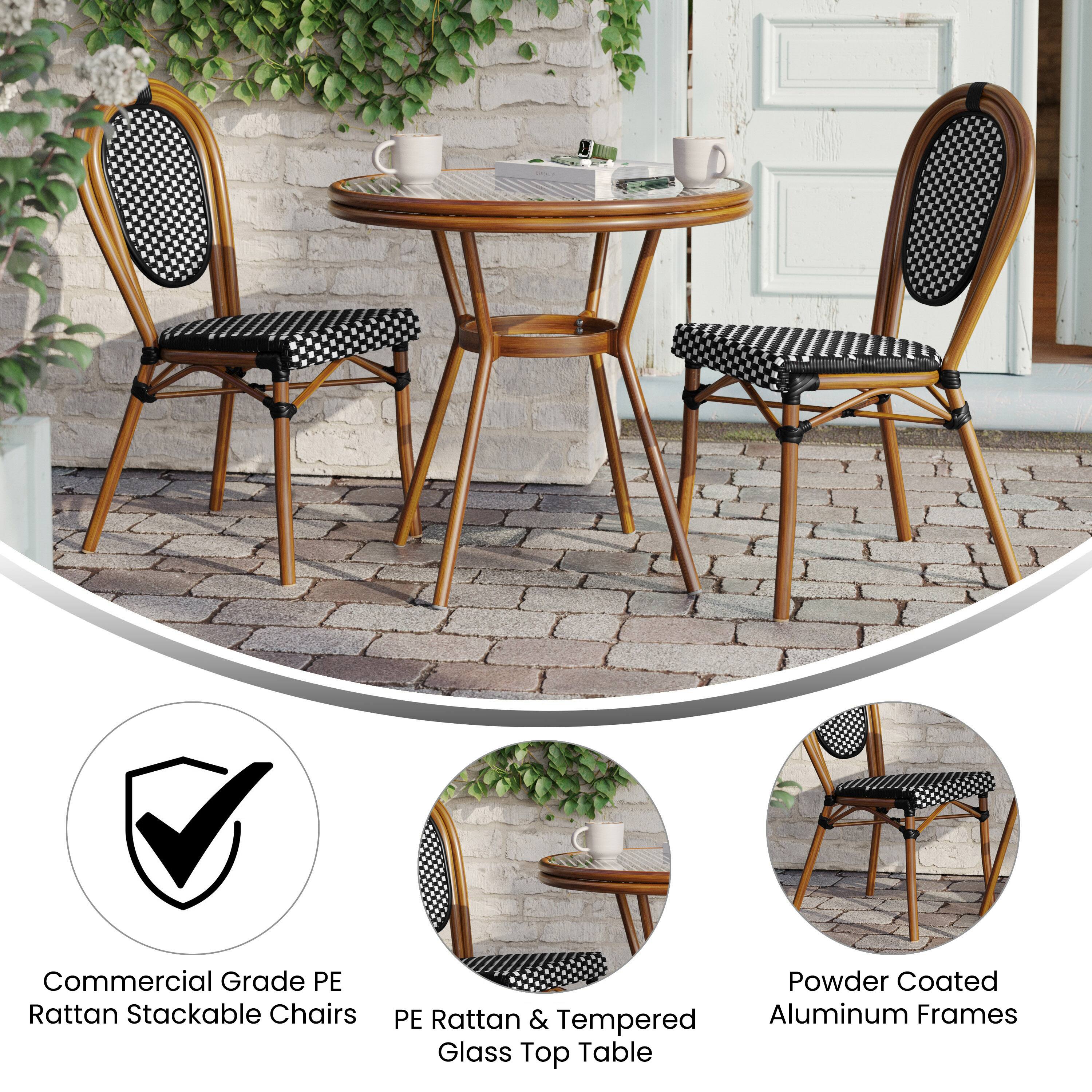 Commercial Grade PE Rattan Stackable Chairs  
Powder Coated PE Rattan & Tempered Aluminum Frames  
Glass Top Table