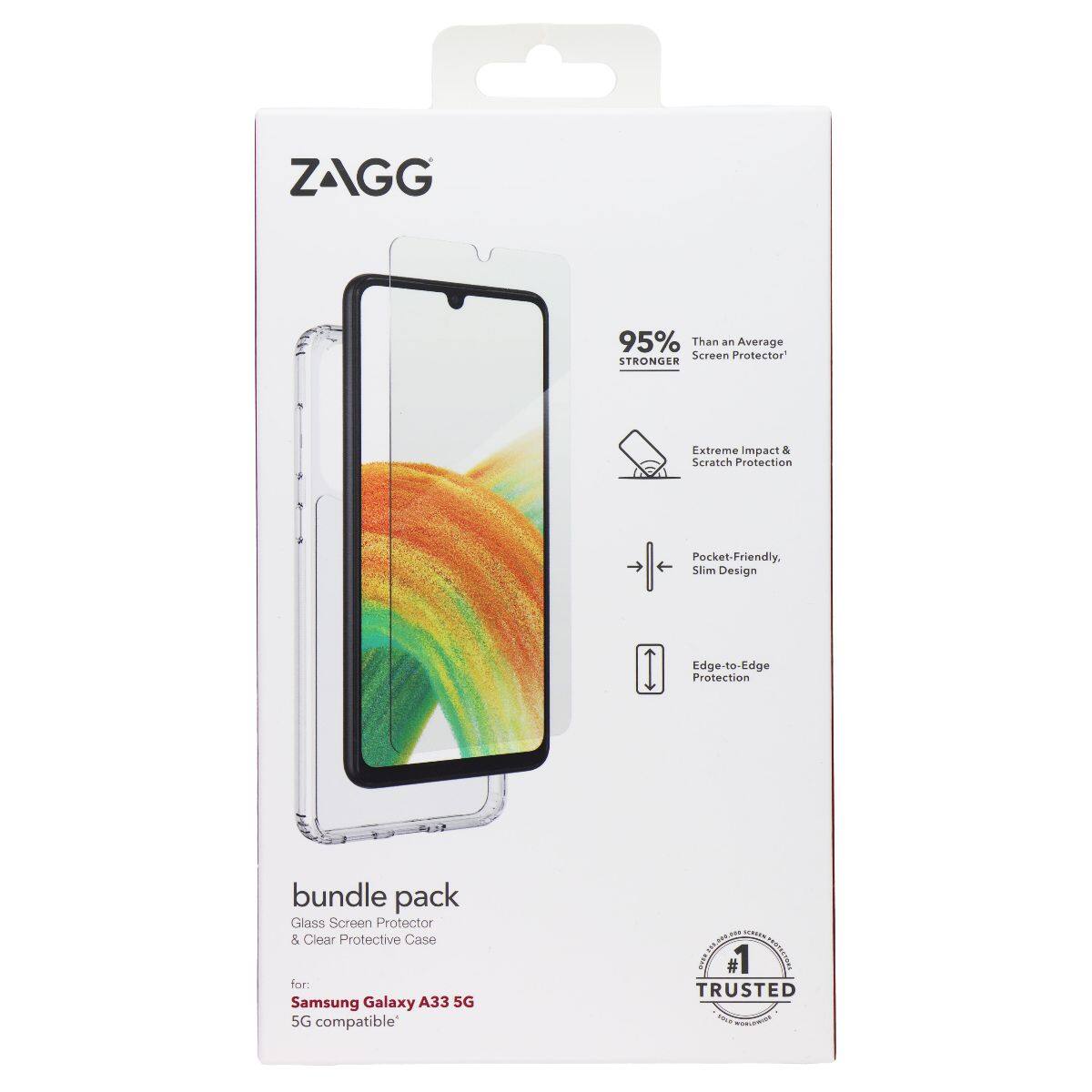 ZAGG 95% Stronger Than an Average Screen Protector Extreme Impact & Scratch Protection Pocket-Friendly, Slim Design Edge-to-Edge Protection bundle pack Glass Screen Protector & Clear Protective Case for: Samsung Galaxy A33 5G compatible. #1 Trusted