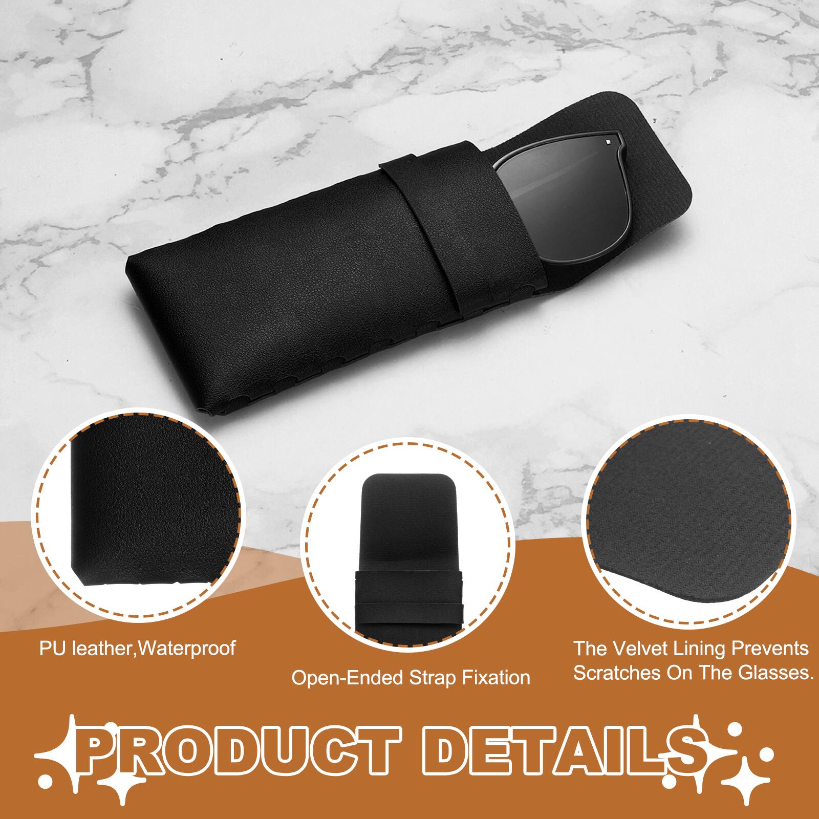 PU leather, Waterproof. The Velvet Lining Prevents Scratches On The Glasses. PRODUCT DETAILS