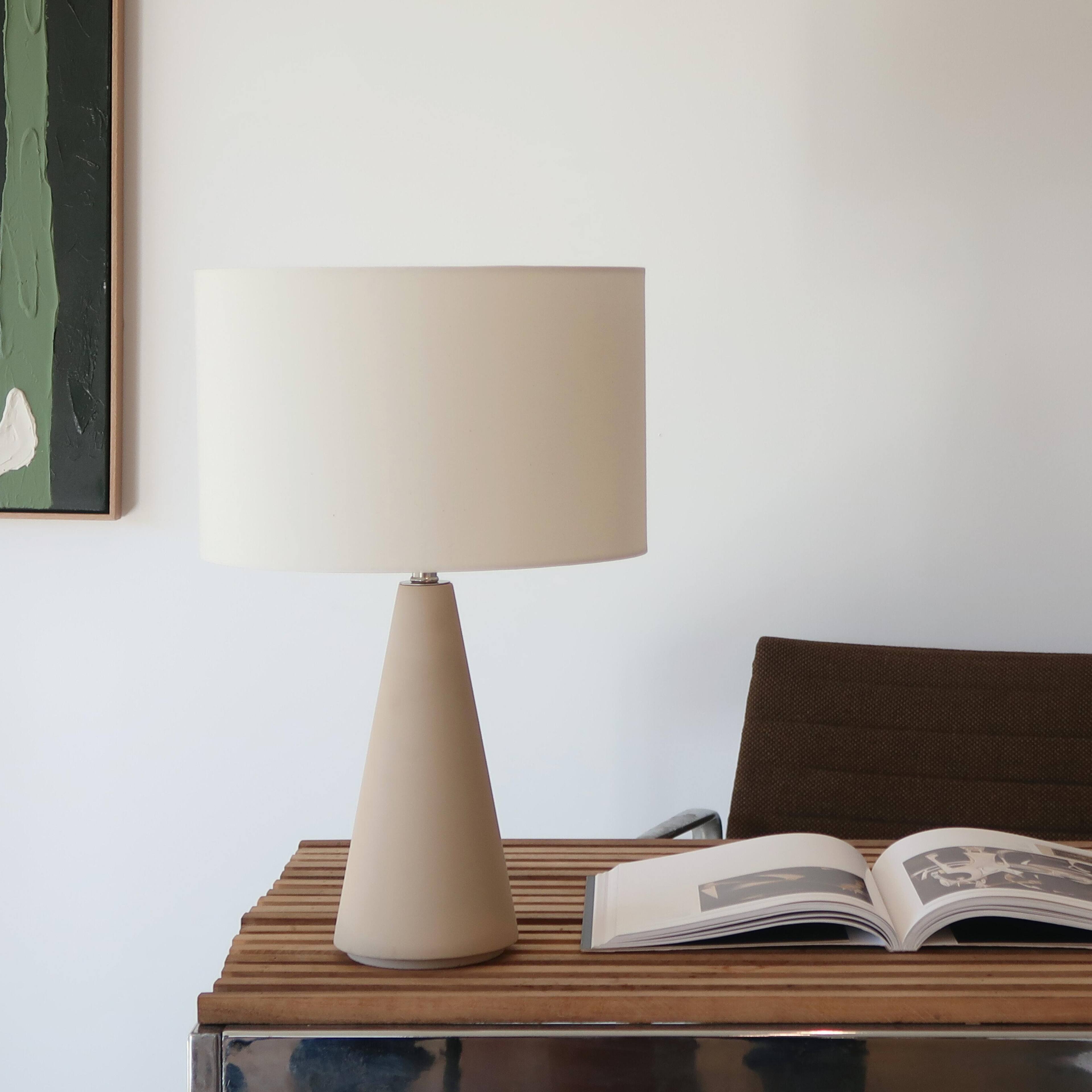 Alt View 5. Brightech - Nathaniel LED Midcentury Modern Empire Bedside Nightstand Desk Lamp with Off-White Cream Fabric Drum Shade - Off-White Cream Cement.