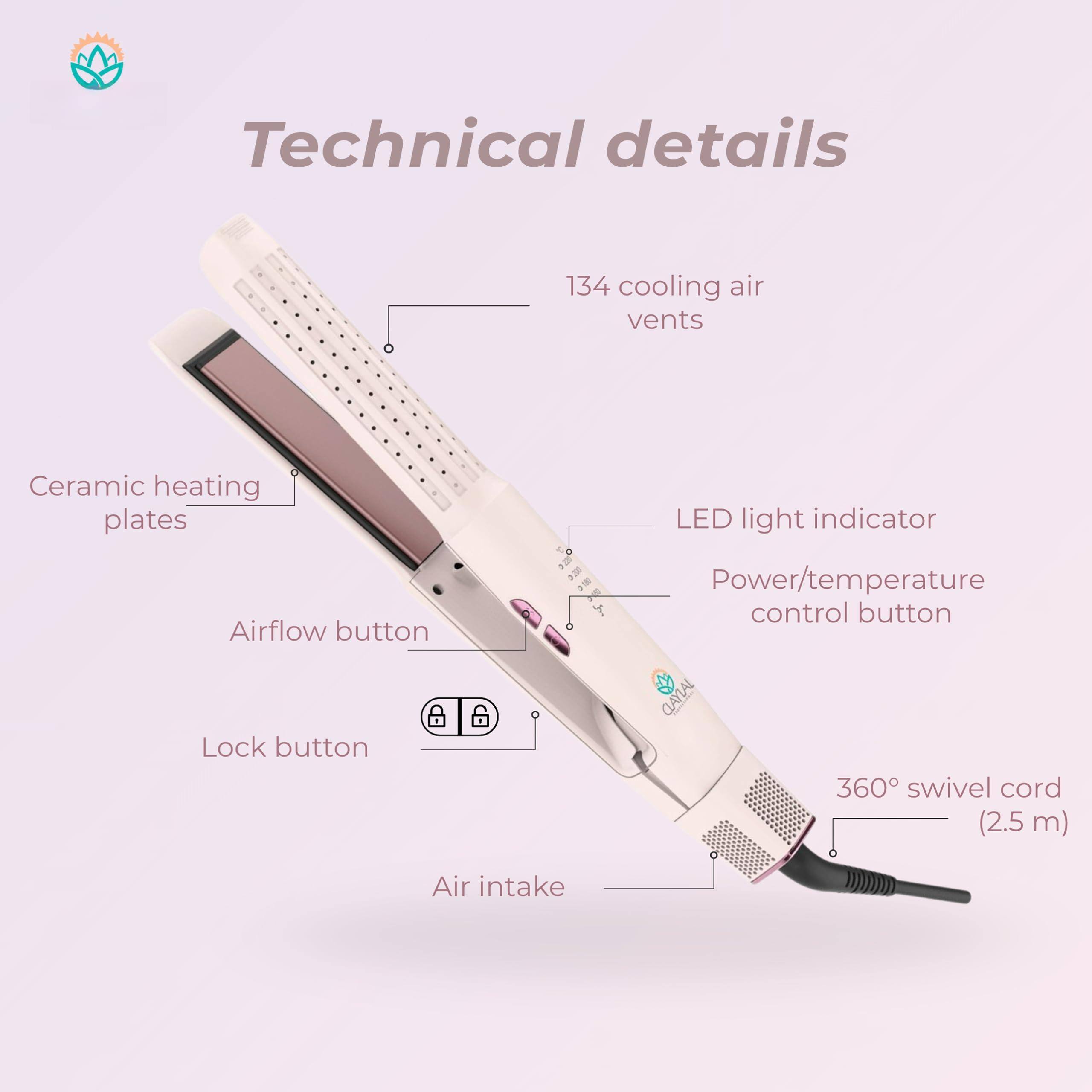 Technical details

- 134 cooling air vents
- Ceramic heating plates
- LED light indicator
- Airflow button
- Power/temperature control button
- Lock button
- 360° swivel cord (2.5 m)
- Air intake