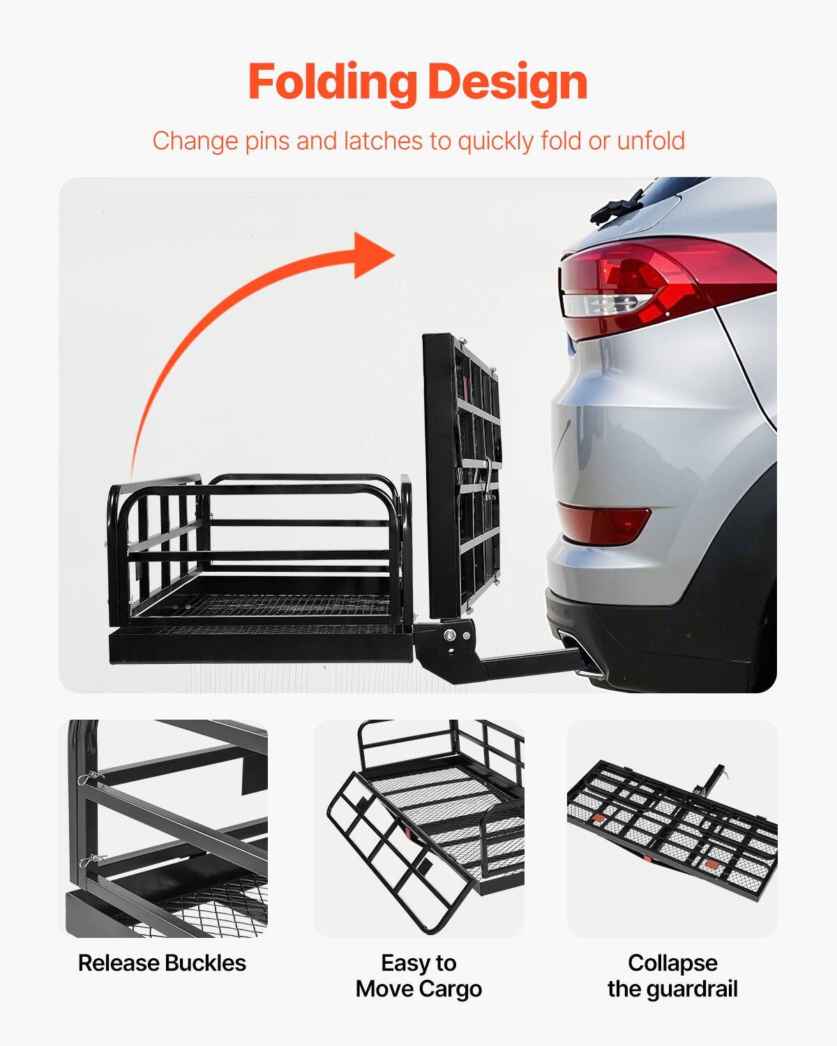 Folding Design
Change pins and latches to quickly fold or unfold

Release Buckles
Easy to Move

Cargo
Collapse the guardrail