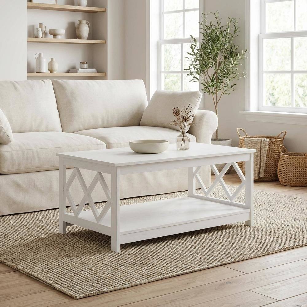 Back. FurniFact - White Particle Board Coffee Table with Contemporary Design and Lightweight Build - White.