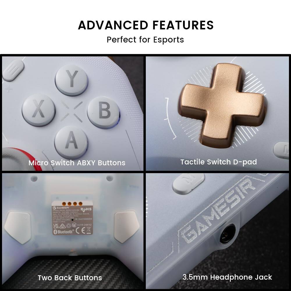 Advanced Features: Perfect for Esports. Y, X, A, B, Micro Switch ABX Buttons, Tactile Switch D-pad, Push-to-Talk, ROHS, GameSir UK 2.48152 Bluetooth, Two Back Buttons, 3.5mm Headphone Jack.
