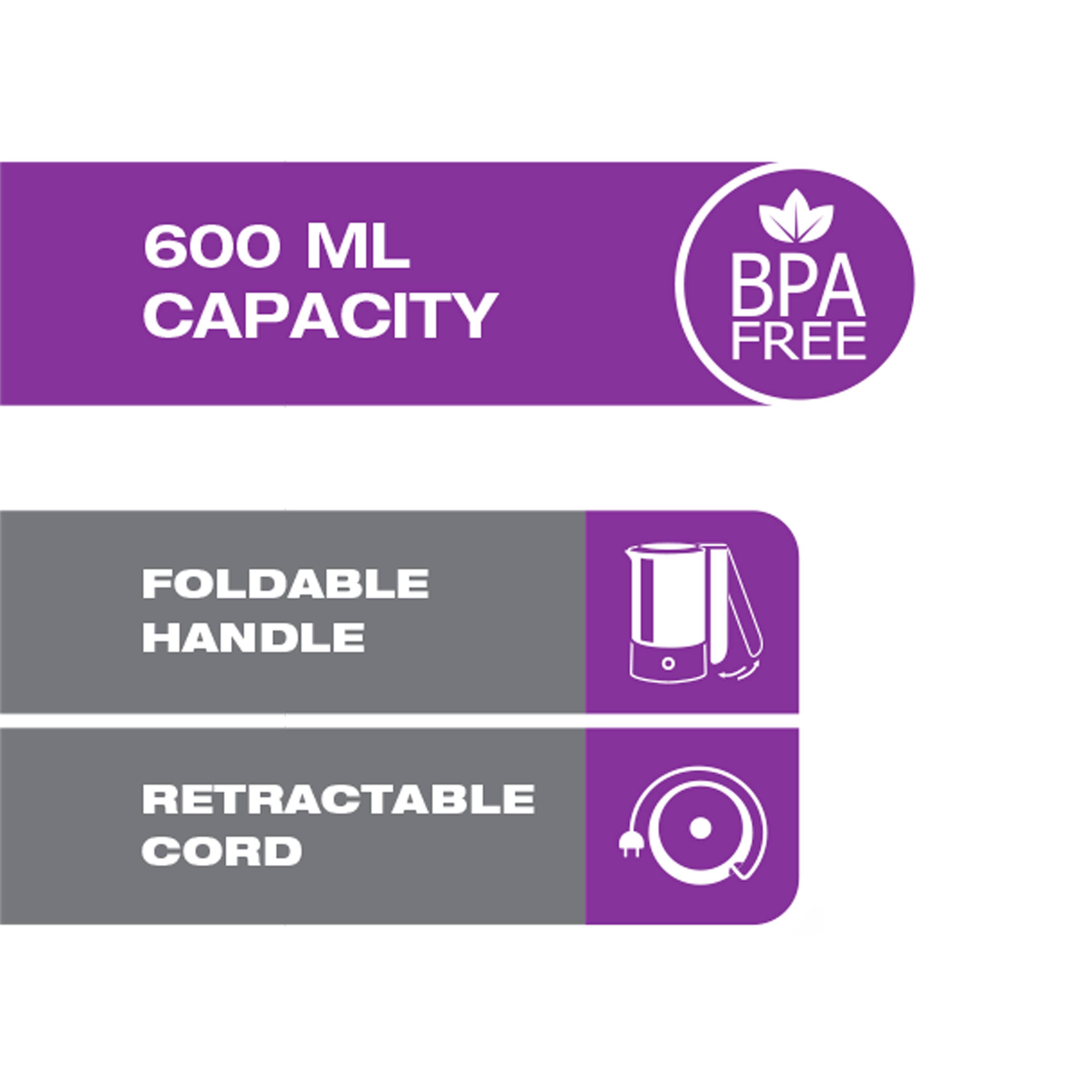600 ML CAPACITY, BPA FREE, FOLDABLE HANDLE, RETRACTABLE CORD