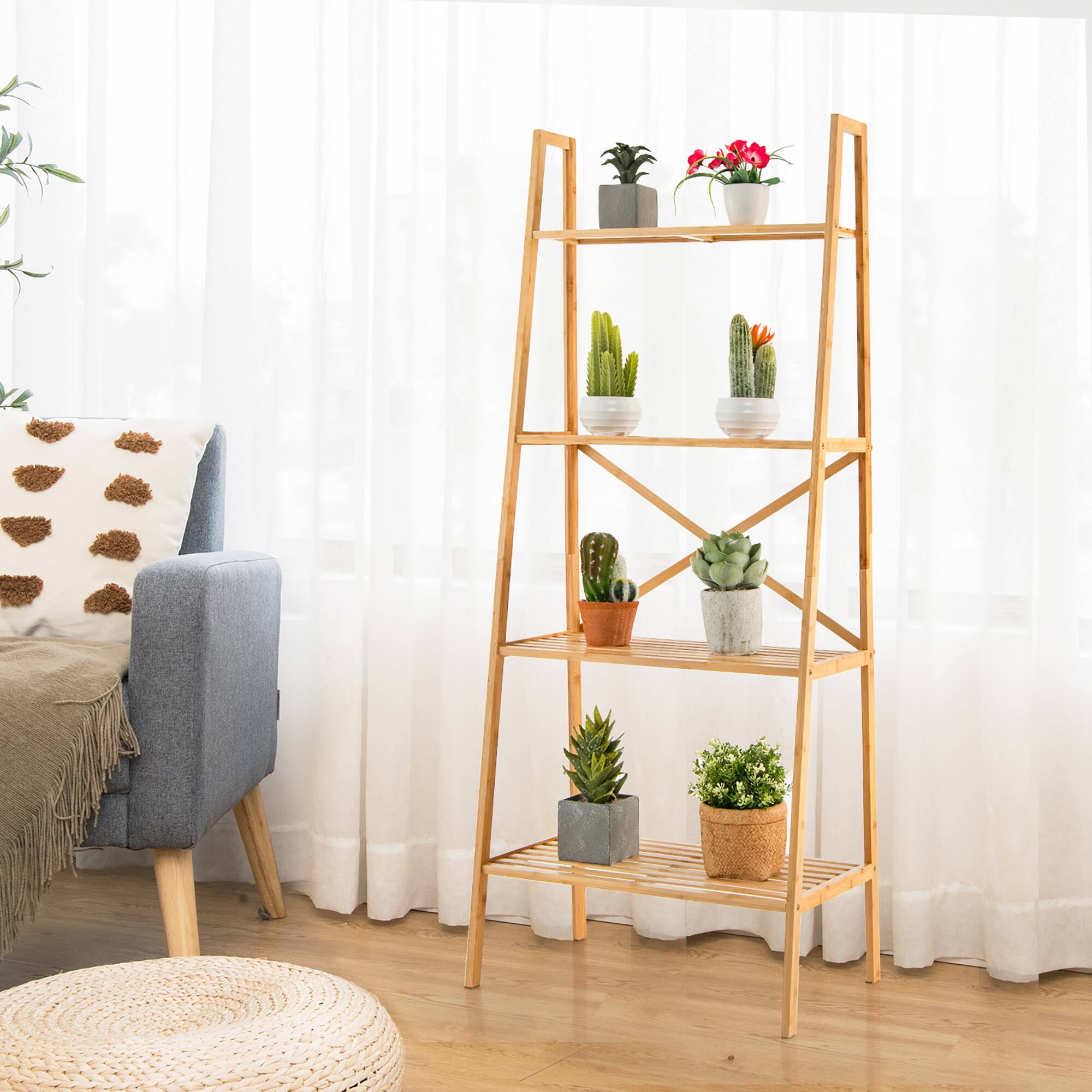 Alt View 8. Gymax - Gymax 2PCS 4-Tier Bamboo Ladder Bookshelf 58'' Display Shelf Storage Rack Plant Stand - Natural.