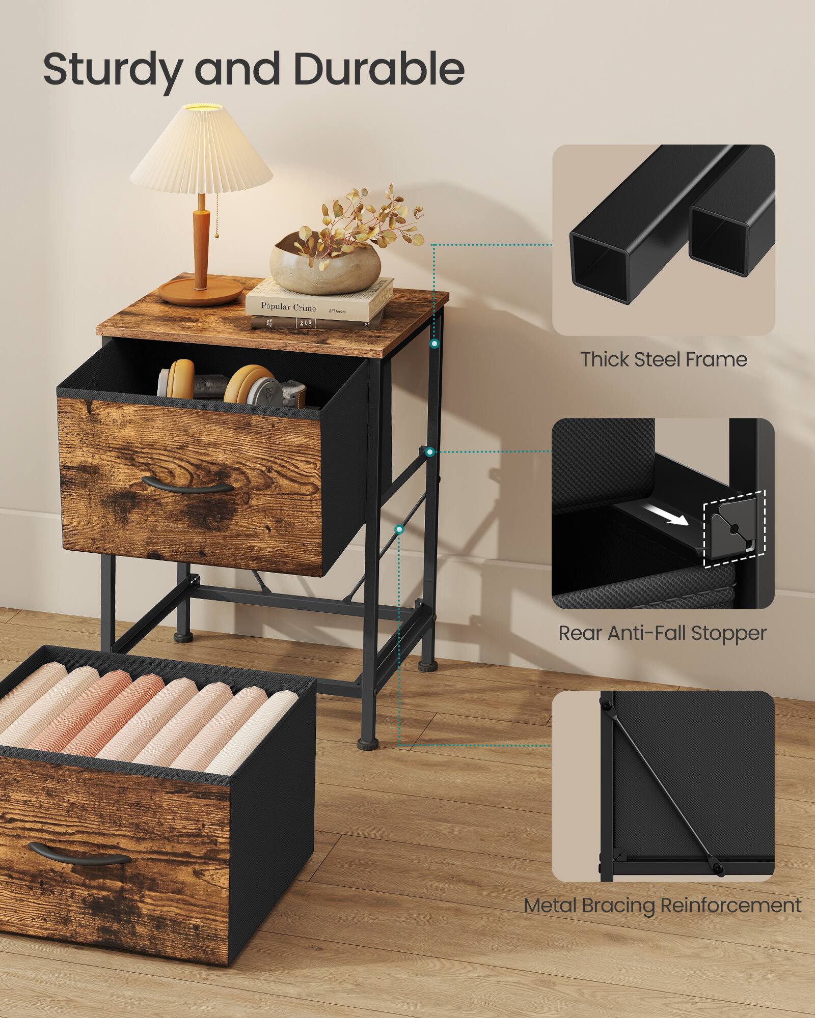 Sturdy and Durable

- Thick Steel Frame
- Rear Anti-Fall Stopper
- Metal Bracing Reinforcement