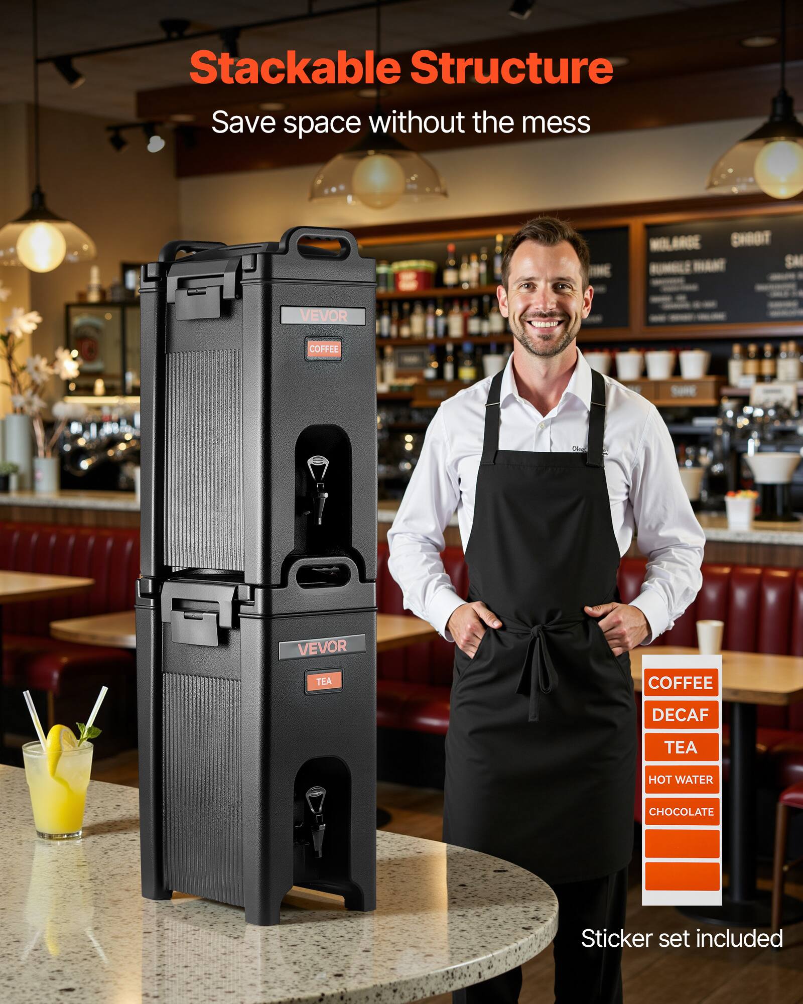 Stackable Structure  
Save space without the mess  

COFFEE  
DECAF  
TEA  
HOT WATER  
CHOCOLATE  

Sticker set included