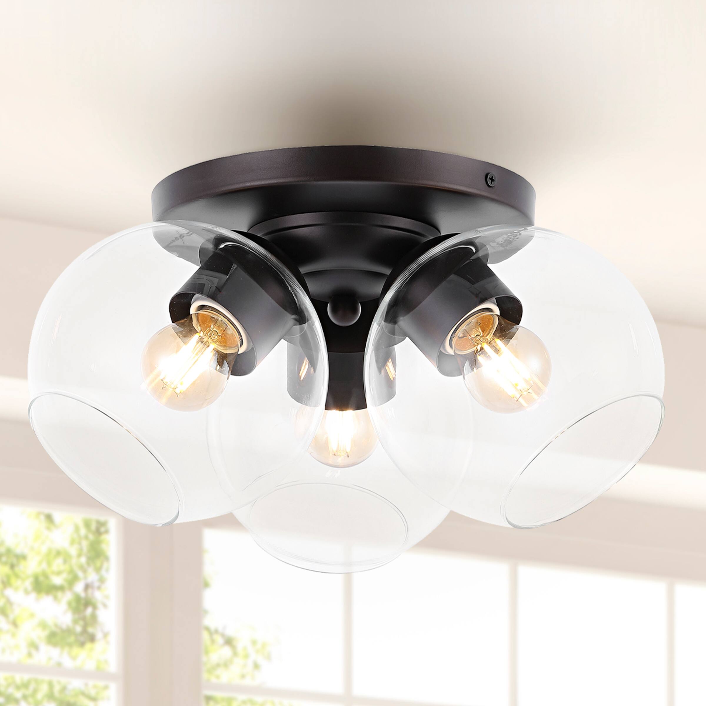 Alt View 1. Jonathan Y - Iris 11.5" 3-Light Farmhouse Rustic Iron/Glass LED Semi Flush Mount, Oil Rubbed Bronze/Clear - Oil Rubbed Bronze.