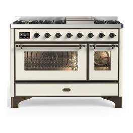 ILVE - Majestic III Series 48 in. Dual Fuel Range with 5 Sealed Burners + Griddle (Natural Gas, Burnished Trim) - Antique White