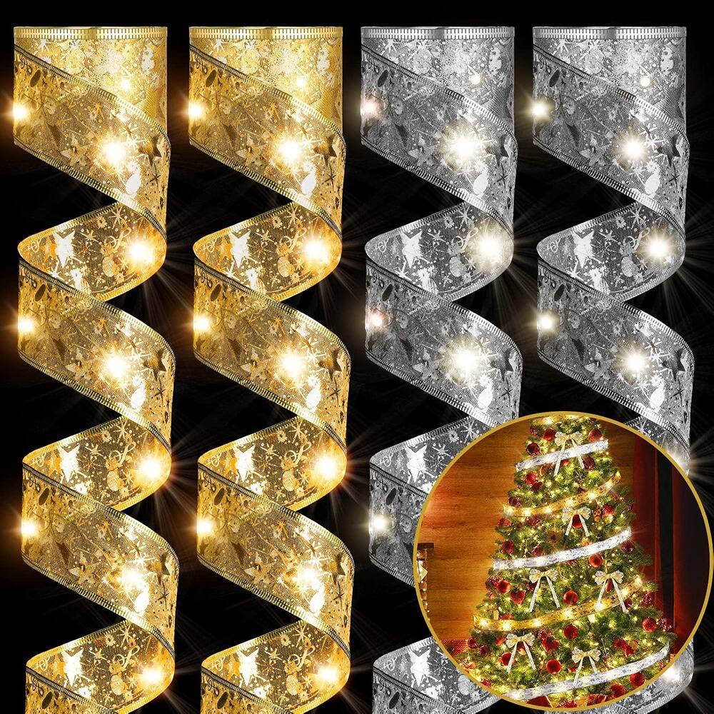 Schertz - 4-Pack 79ft Christmas Ribbon Lights w/ 240 LEDs, Battery Powered - Gold, Silver