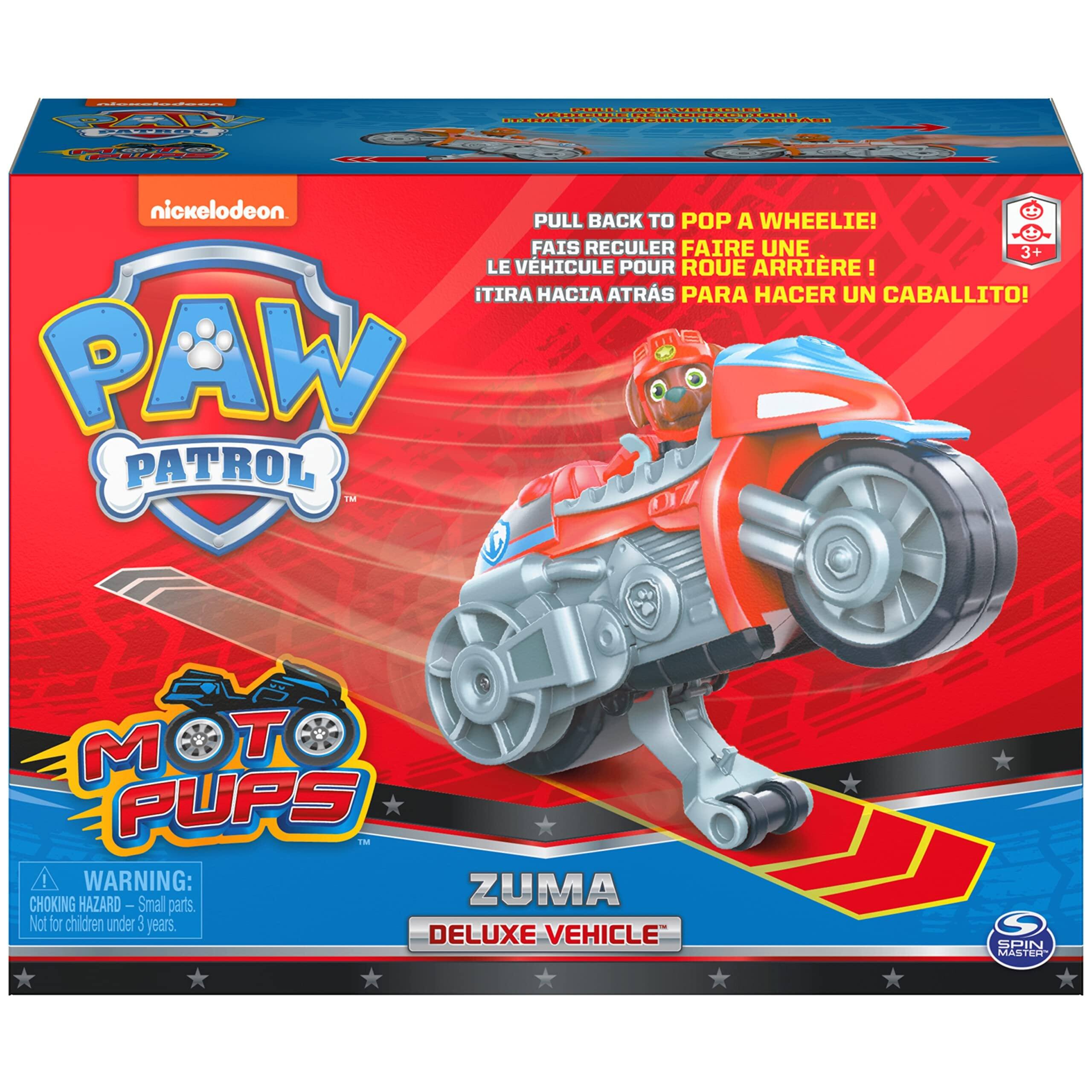 - PAW PATROL
- MOT PUPS
- ZUMA
- DELUXE VEHICLE
- PULL BACK TO POP A WHEELIE! FAIS RECULER FAIRE UNE 3+ LE VÉHICULE POUR ROUE ARRIÈRE! TIRA HACIA ATRÁS PARA HACER UN CABALLITO!
- WARNING: CHOKING HAZARD - Small parts. Not for children under 3 years.
- SPIN MASTER