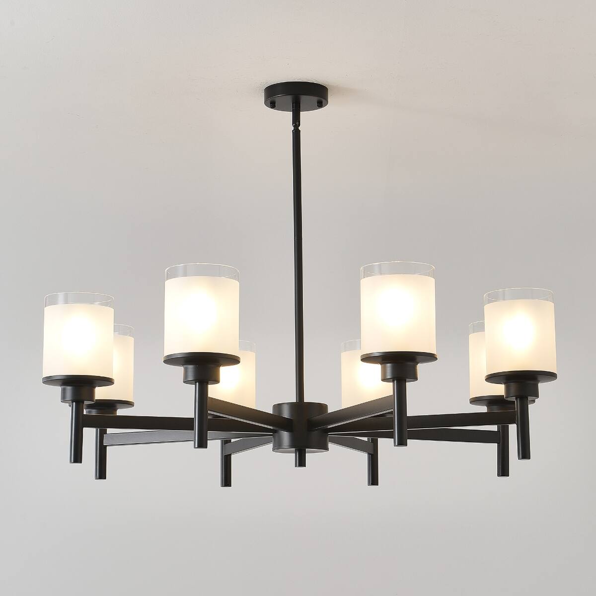 Angle. Loheer - Loheer Eight Light Farmhouse Chandelier Matte Black Metal Frosted Glass for Dining Room.