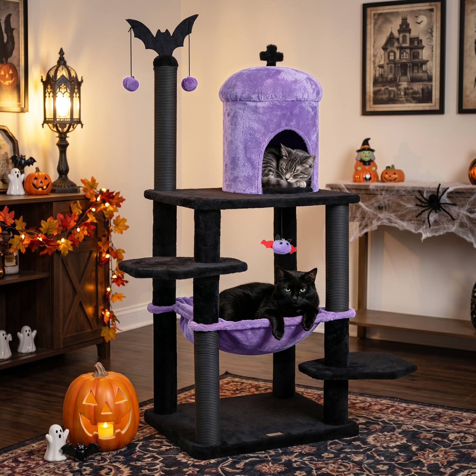 Alt View 5. Gymax - Gymax Gothic Cat Tree for Indoor Cats 51'' Spooky Cat Tower w/Castle House Hammock Purple & Black.