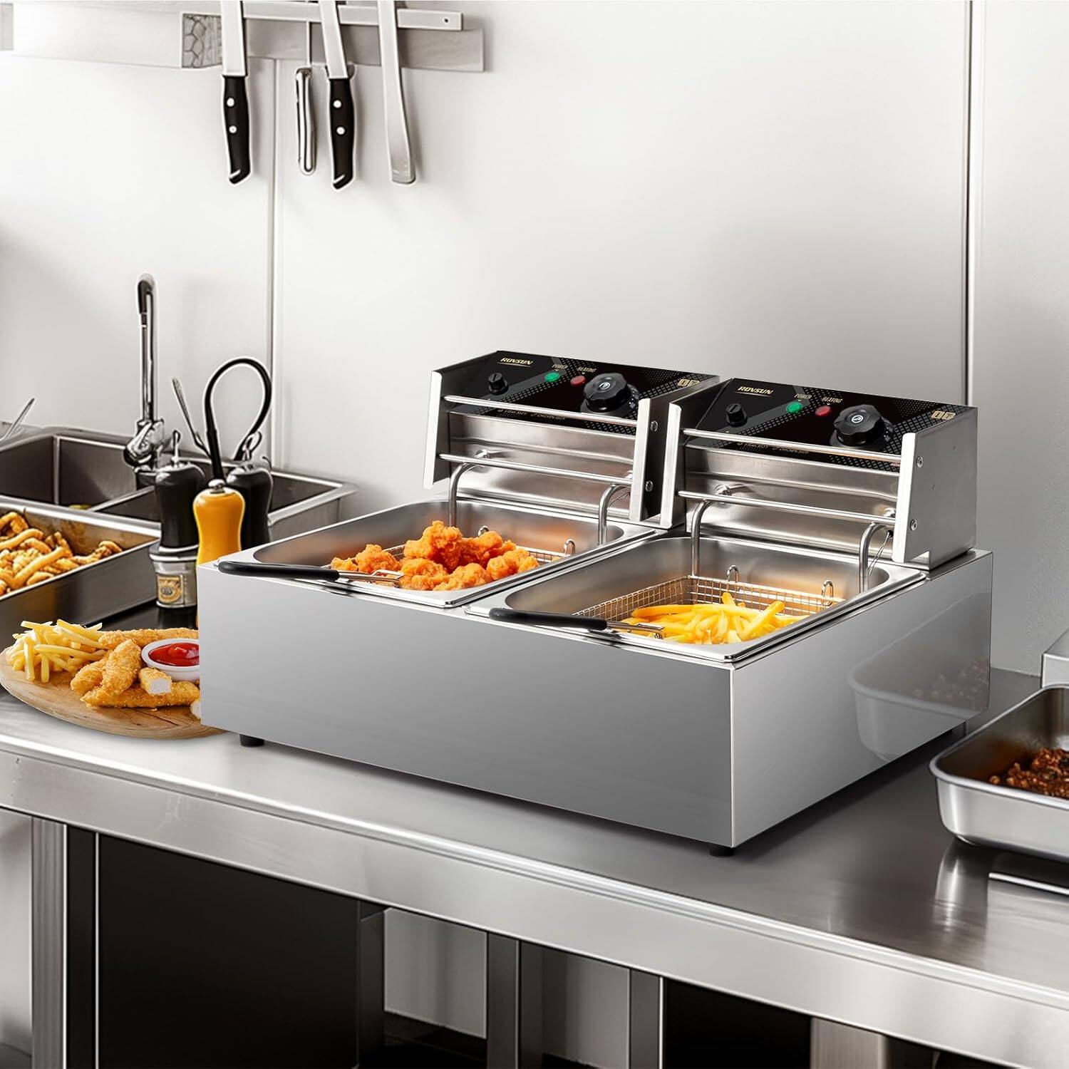 Alt View 6. Winado - 3400W 22.8QT/21.6L Electric Deep Fryer, Commercial Deep Fryer Stainless Steel Dual Tank Kitchen Fat Fryer Frying Machine - Silver.