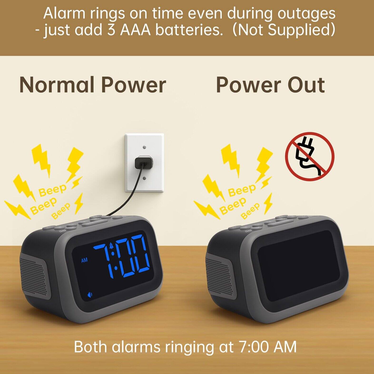 Alarm rings on time even during outages - just add 3 AAA batteries. (Not Supplied)

Normal Power  
Beep Beep Beep  
AM 7:00

Power Out  
Beep Beep Beep

Both alarms ringing at 7:00 AM