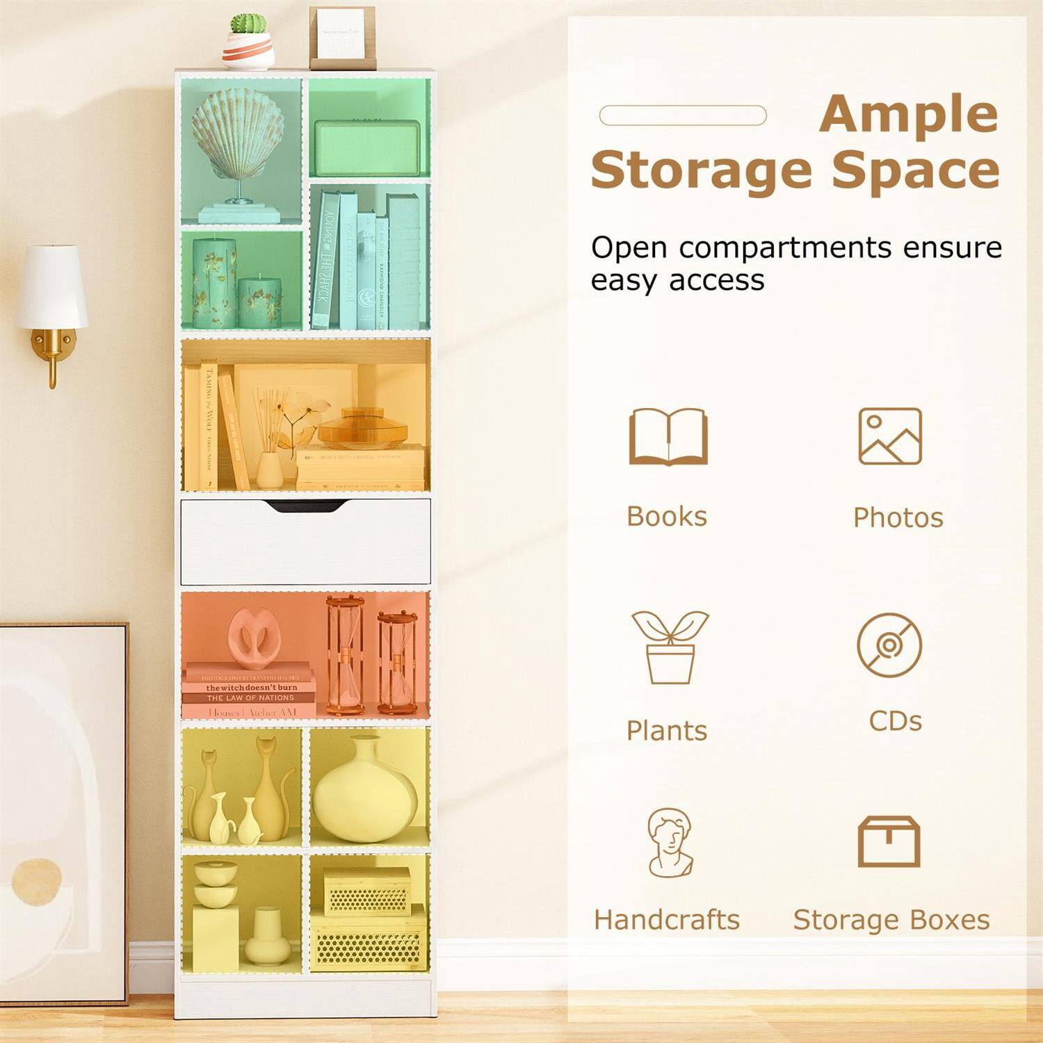 Ample Storage Space  
Open compartments ensure easy access  

Books  
Photos  
Plants  
CDs  
Handcrafts  
Storage Boxes