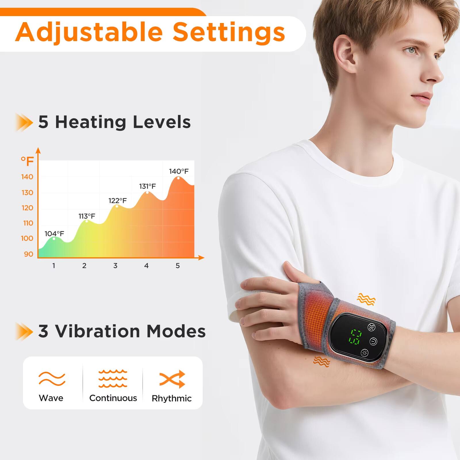 Adjustable Settings

5 Heating Levels  
1 2 3 4 5  
104°F 113°F 122°F 131°F 140°F

3 Vibration Modes  
Wave Continuous Rhythmic